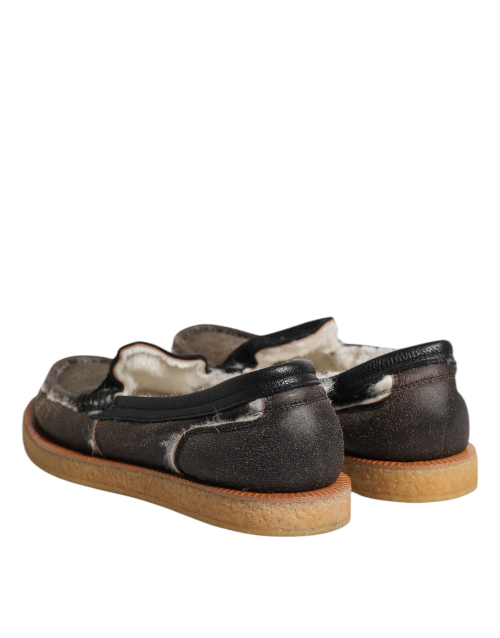 Dolce & Gabbana Brown White Calfskin Leather Loafers Men's Shoes