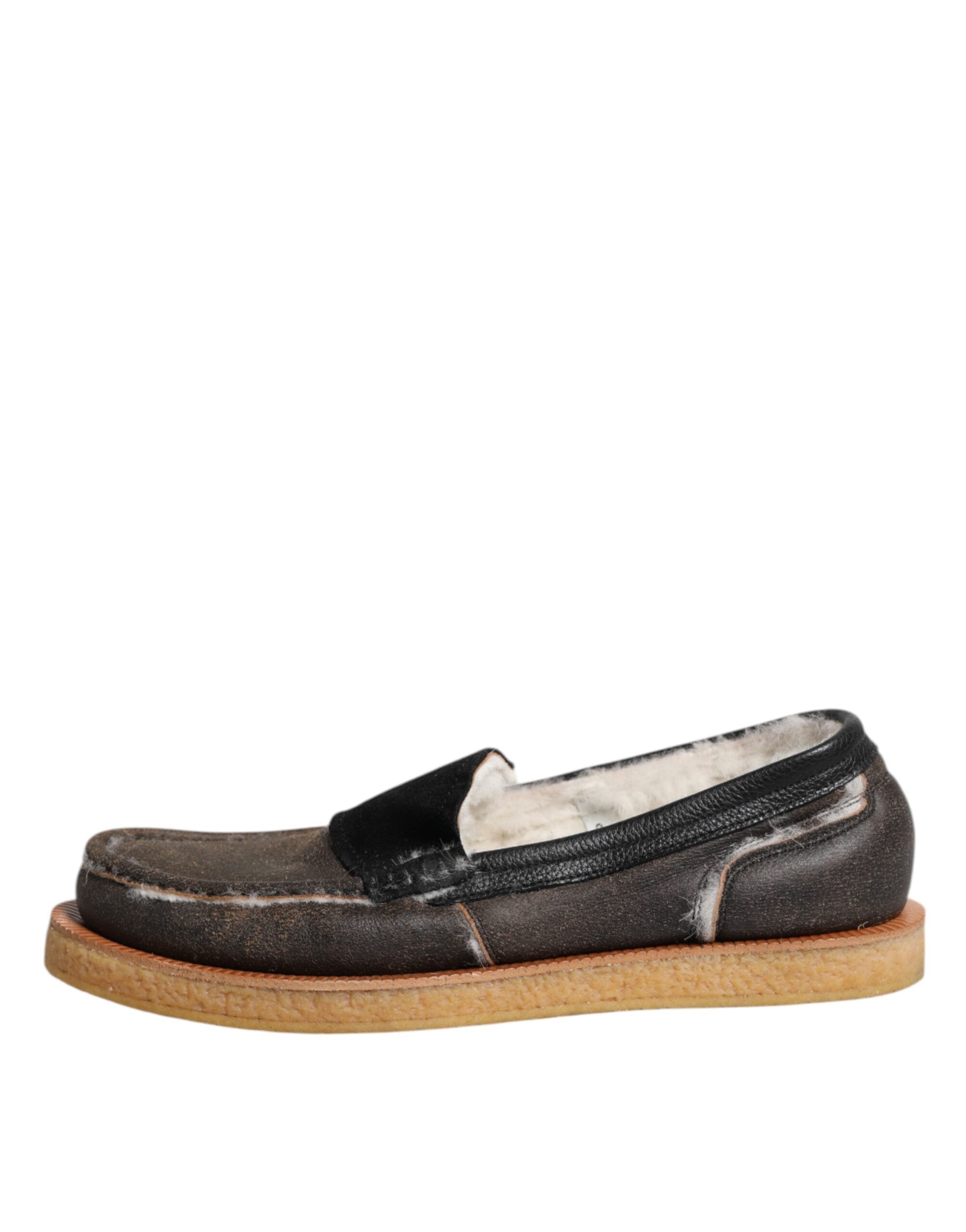 Dolce & Gabbana Brown White Calfskin Leather Loafers Men's Shoes