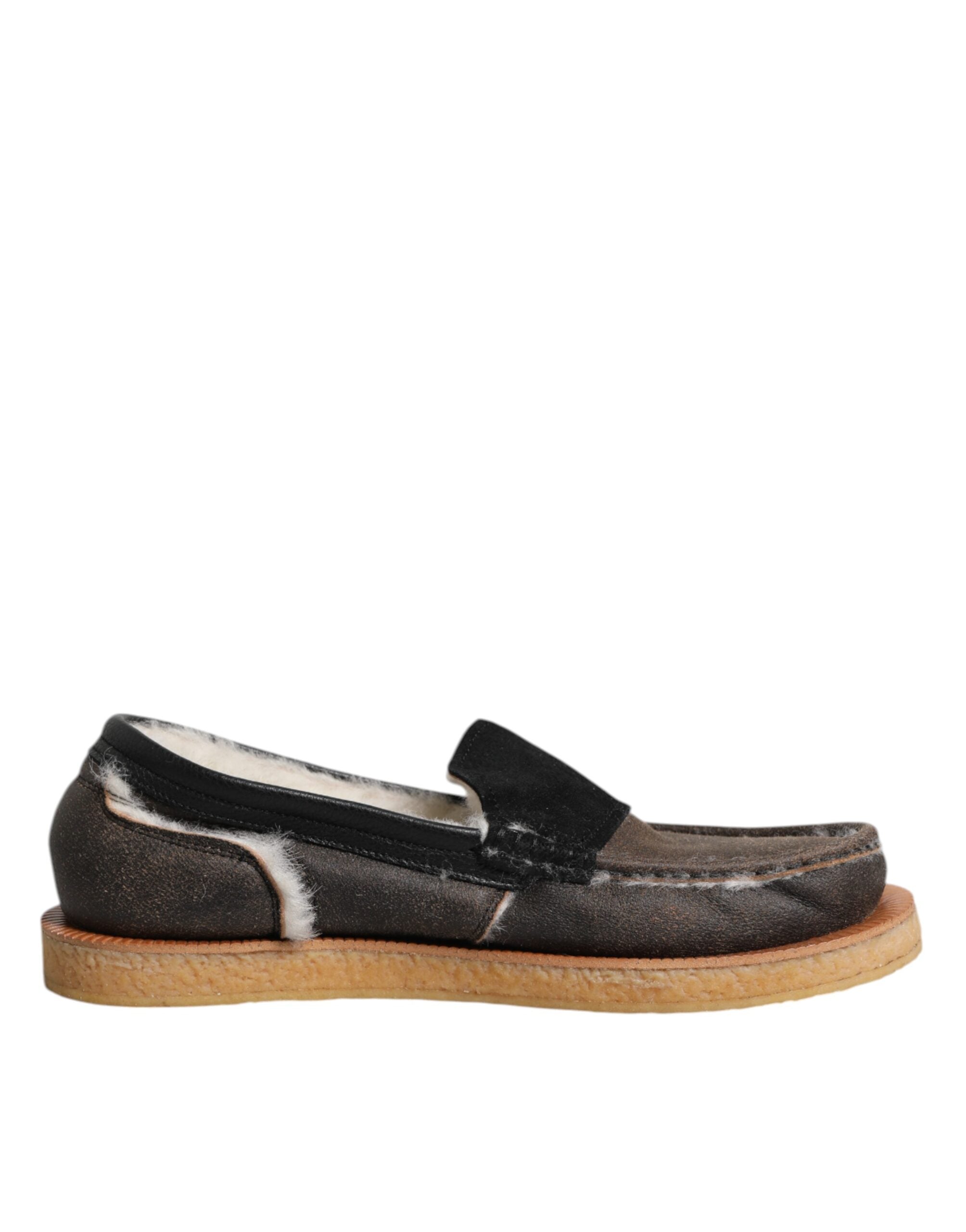 Dolce & Gabbana Brown White Calfskin Leather Loafers Men's Shoes