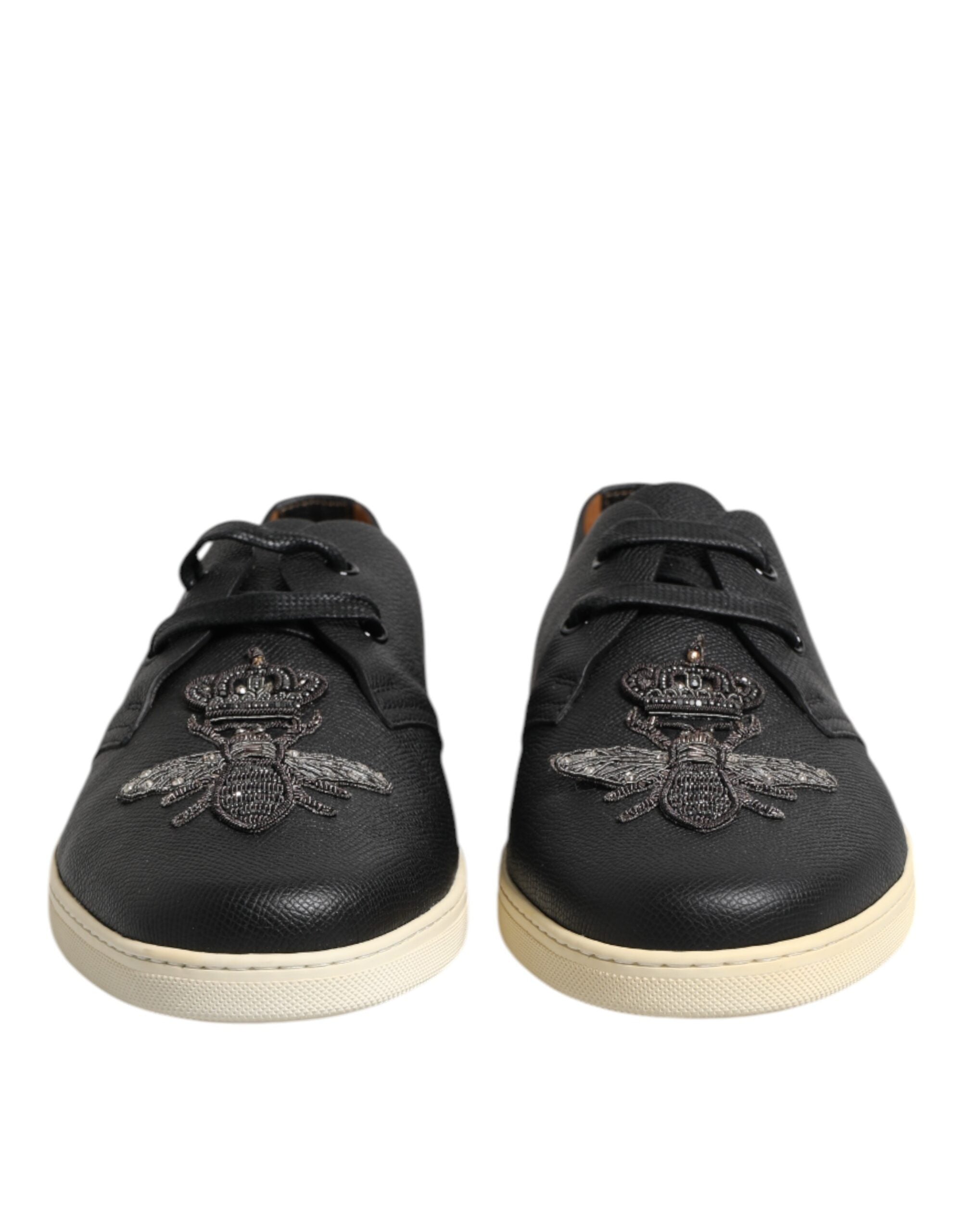 Dolce & Gabbana Black Leather Bee Crown Low Top Sneakers Men's Shoes