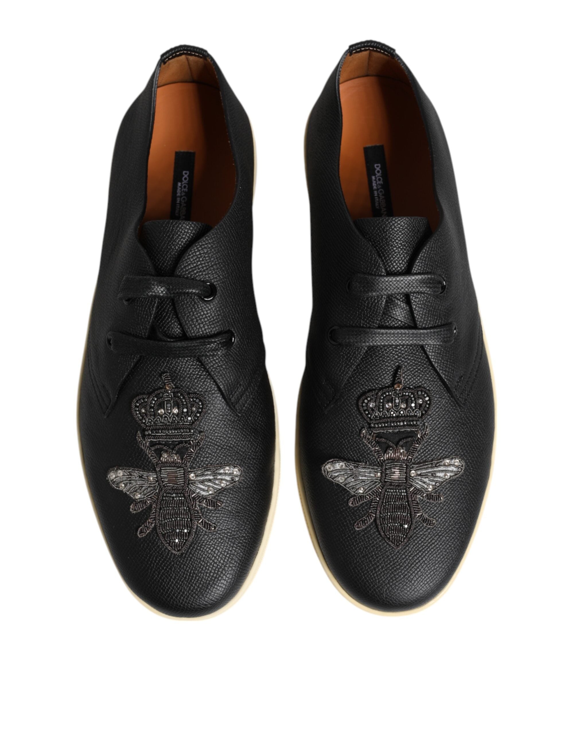 Dolce & Gabbana Black Leather Bee Crown Low Top Sneakers Men's Shoes