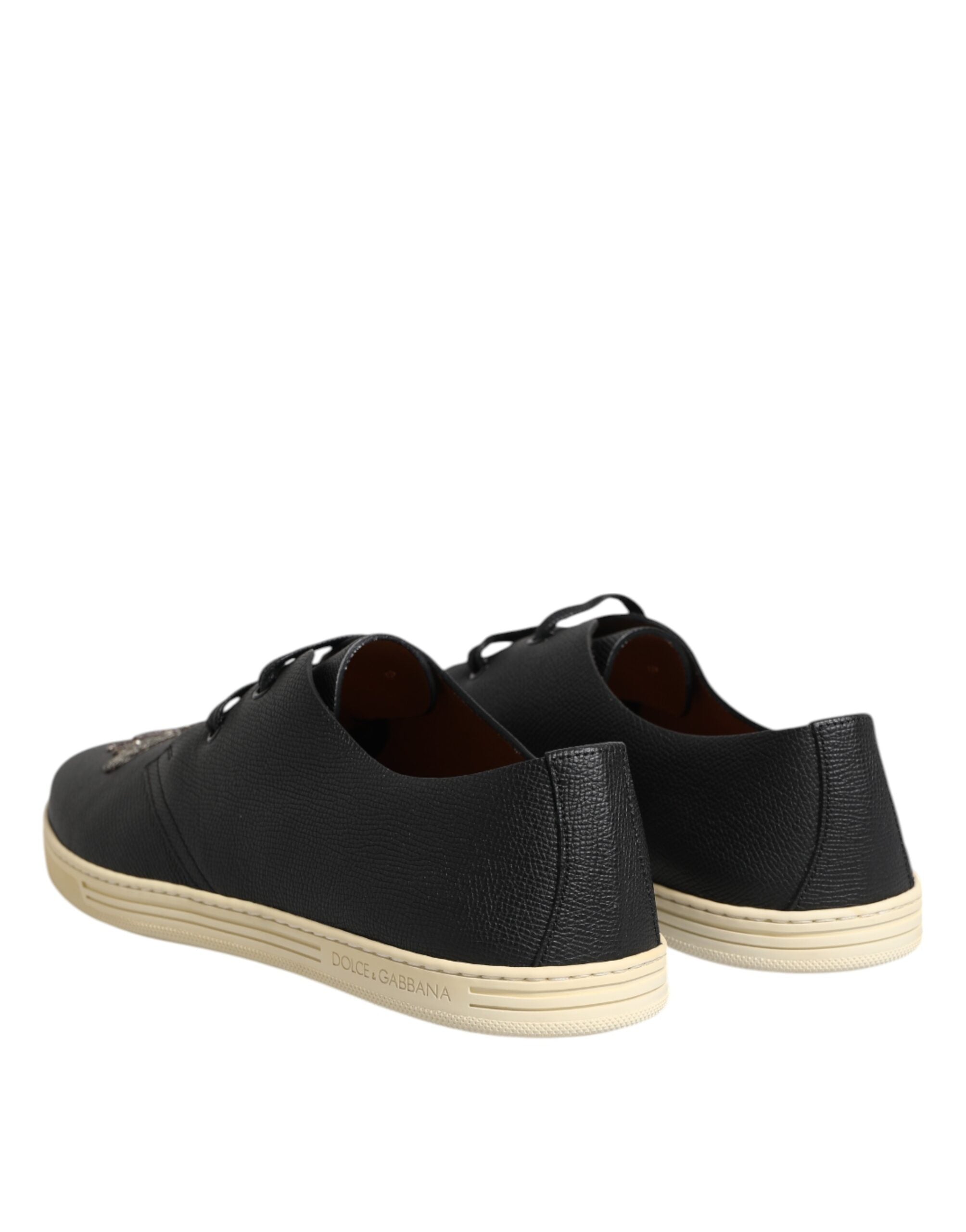 Dolce & Gabbana Black Leather Bee Crown Low Top Sneakers Men's Shoes