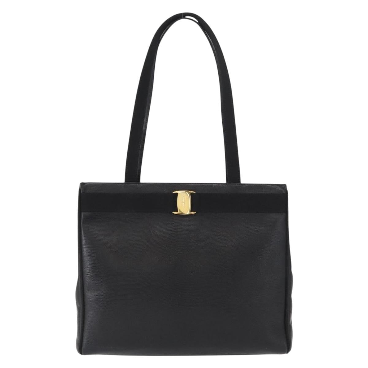 Salvatore Ferragamo Vintage Vara Bow Tote Lizard Embossed Leather Black Leather Tote Bag Bag (Pre-Owned)