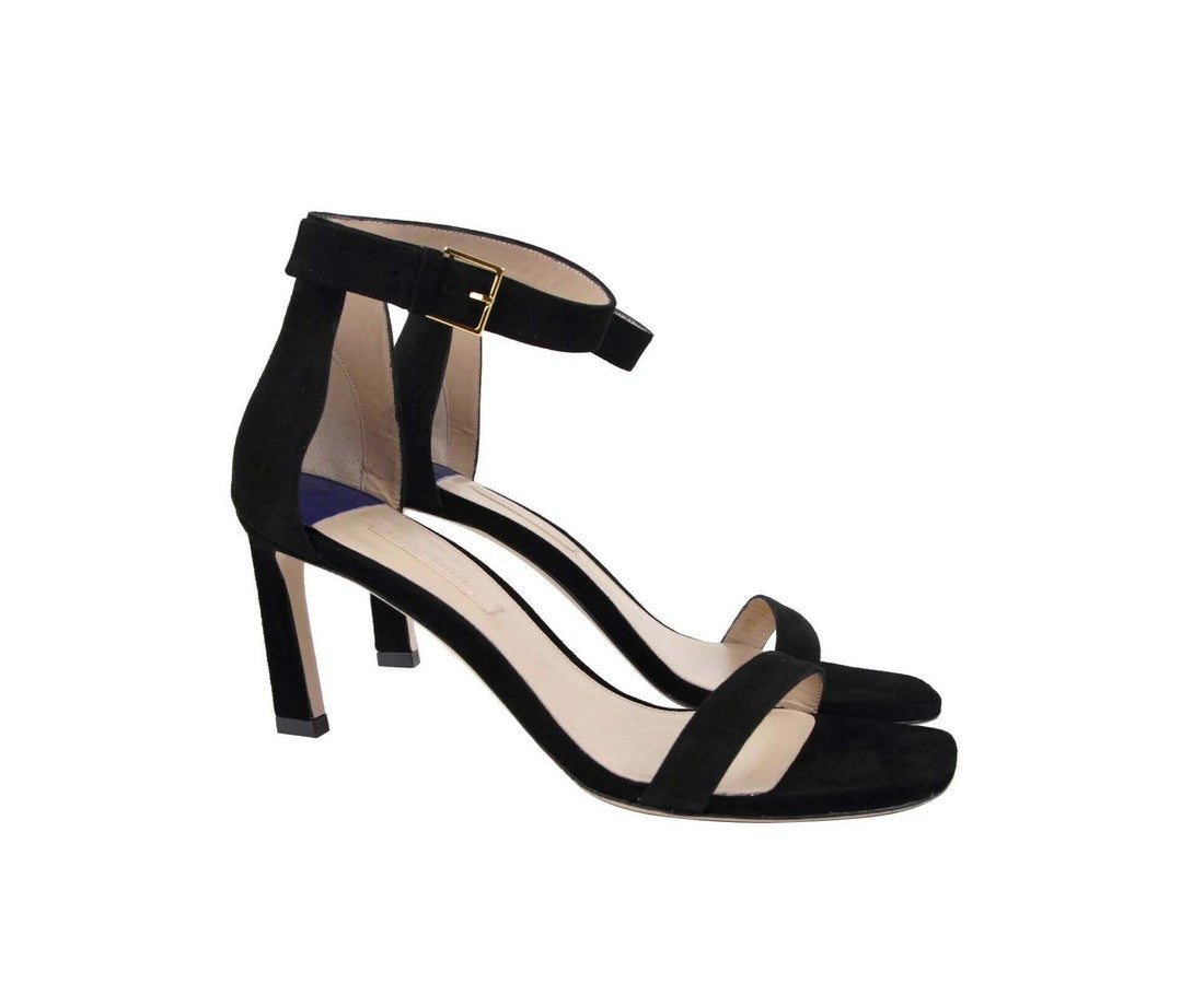 Stuart Weitzman Women's Squarenudist Black Suede Heel Sandal With Ankle Strap