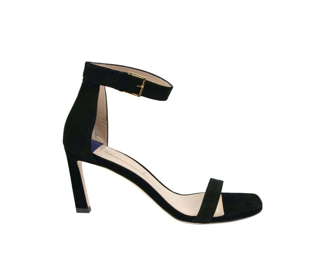 Stuart Weitzman Women's Squarenudist Black Suede Heel Sandal With Ankle Strap