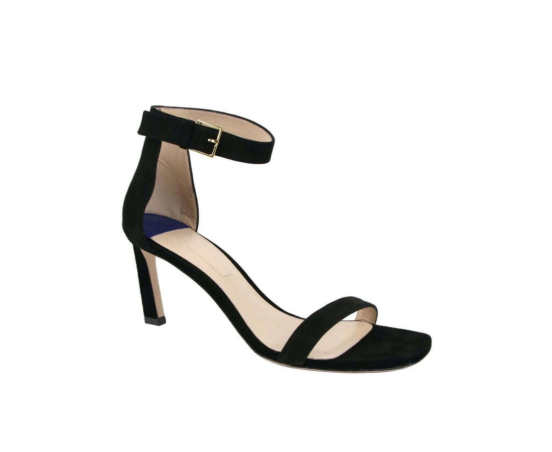Stuart Weitzman Women's Squarenudist Black Suede Heel Sandal With Ankle Strap