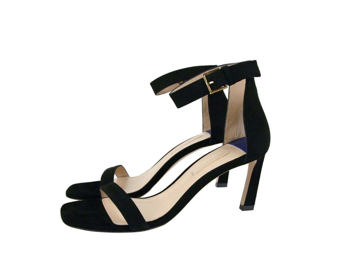 Stuart Weitzman Women's Squarenudist Black Suede Heel Sandal With Ankle Strap