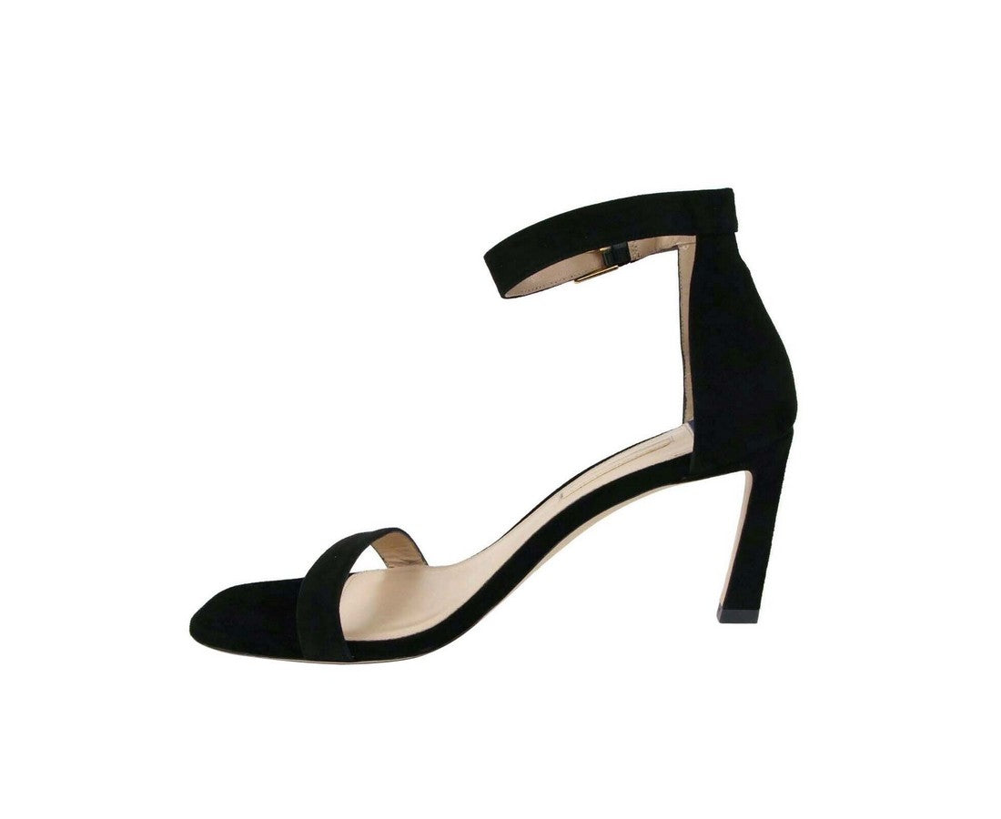 Stuart Weitzman Women's Squarenudist Black Suede Heel Sandal With Ankle Strap