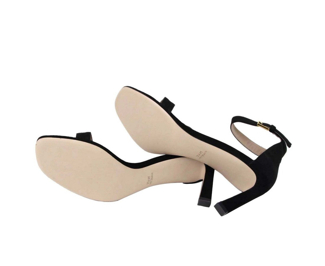 Stuart Weitzman Women's Squarenudist Black Suede Heel Sandal With Ankle Strap