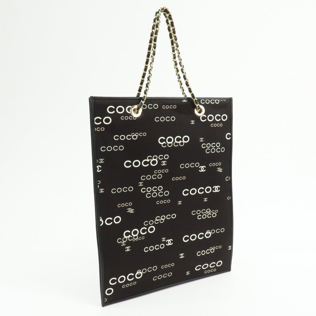 Chanel Vintage Coco Chain Shopping Printed Canvas Black Canvas Tote Bag Bag (Pre-Owned)