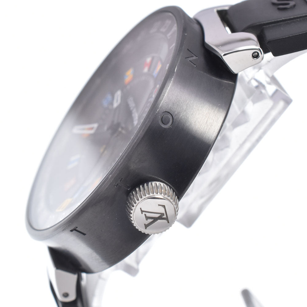 Louis Vuitton Tambour Moon Dual Time Quartz Stainless Steel With Diamond Lugs And Markers And Leather Watch (Pre-Owned)