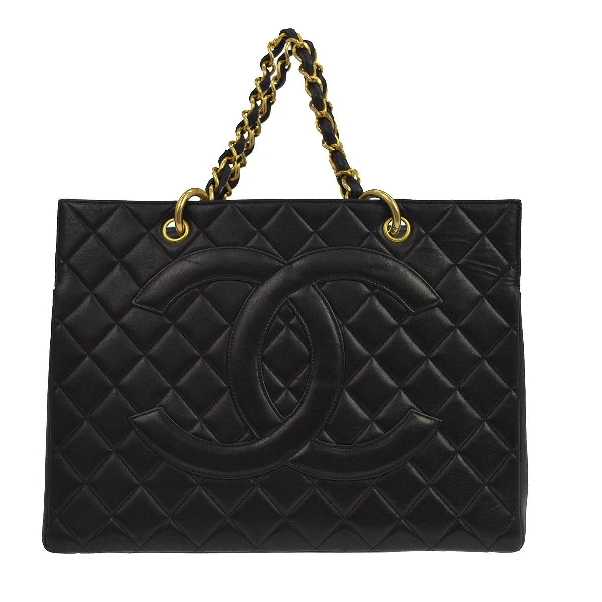 Chanel Vintage Grand Shopping Quilted Lambskin Black Leather Tote Bag Bag (Pre-Owned)