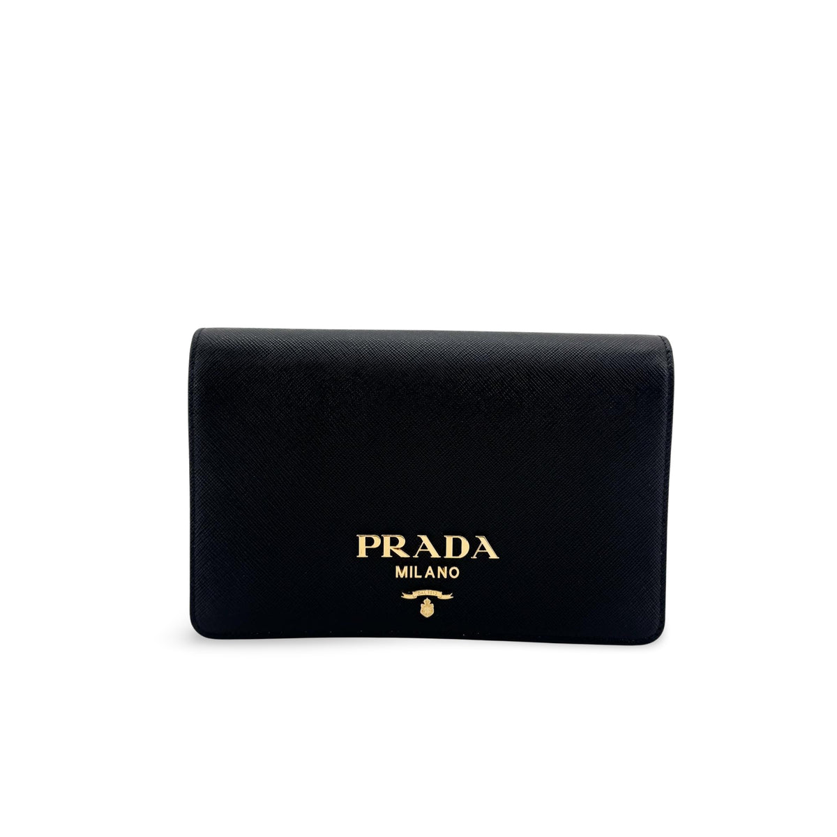 Prada Flap Card Case On Chain Saffiano Leather Black Leather Card Holders Accessory (Pre-Owned)