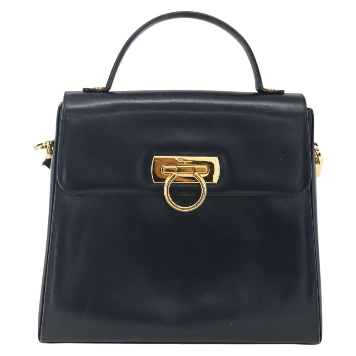Salvatore Ferragamo Gancini Convertible Top Handle Leather Navy Leather Handbag (Pre-Owned)