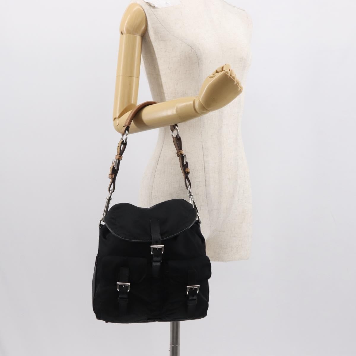 Prada Double Pocket Drawstring Tessuto Black Nylon Shoulder Bag Bag (Pre-Owned)