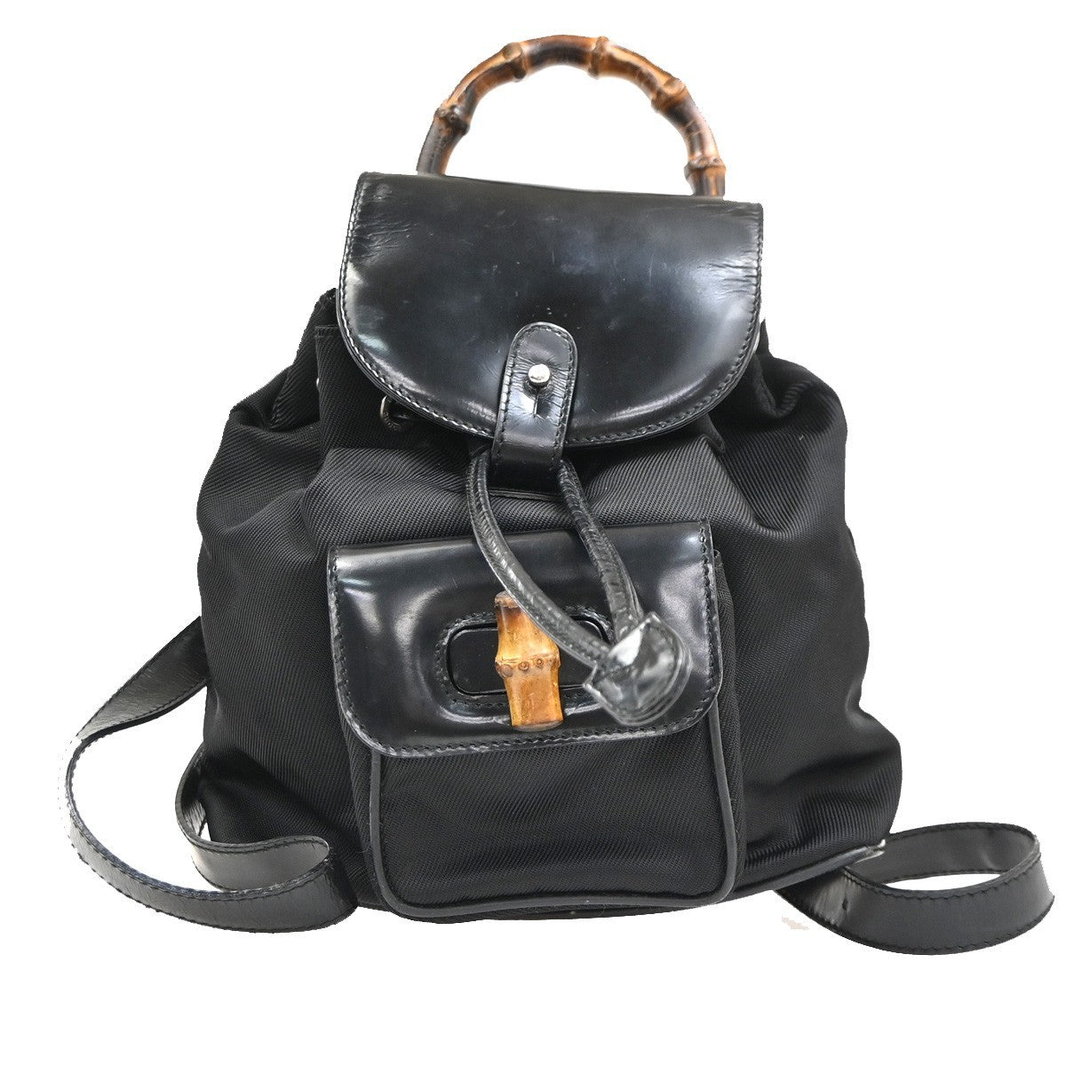Gucci Vintage Bamboo Nylon And Patent Leather Black Nylon Backpack Bag (Pre-Owned)