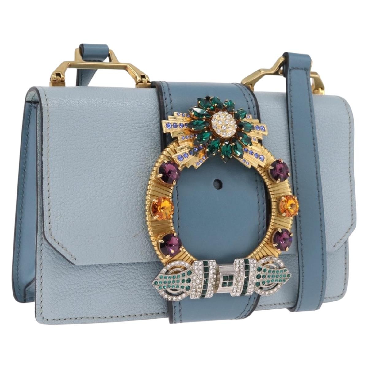 Miu Miu Madras Crystal Buckle Leather Blue Leather Shoulder Bag Bag (Pre-Owned)