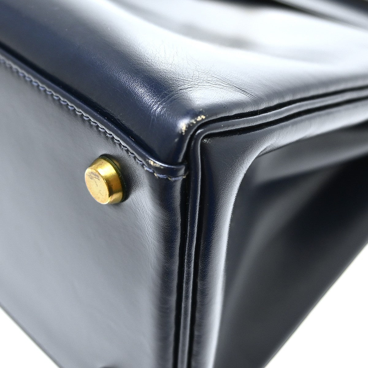 Hermes Kelly Blue Box Calf With Gold Hardware Navy Calfskin Handbag (Pre-Owned)
