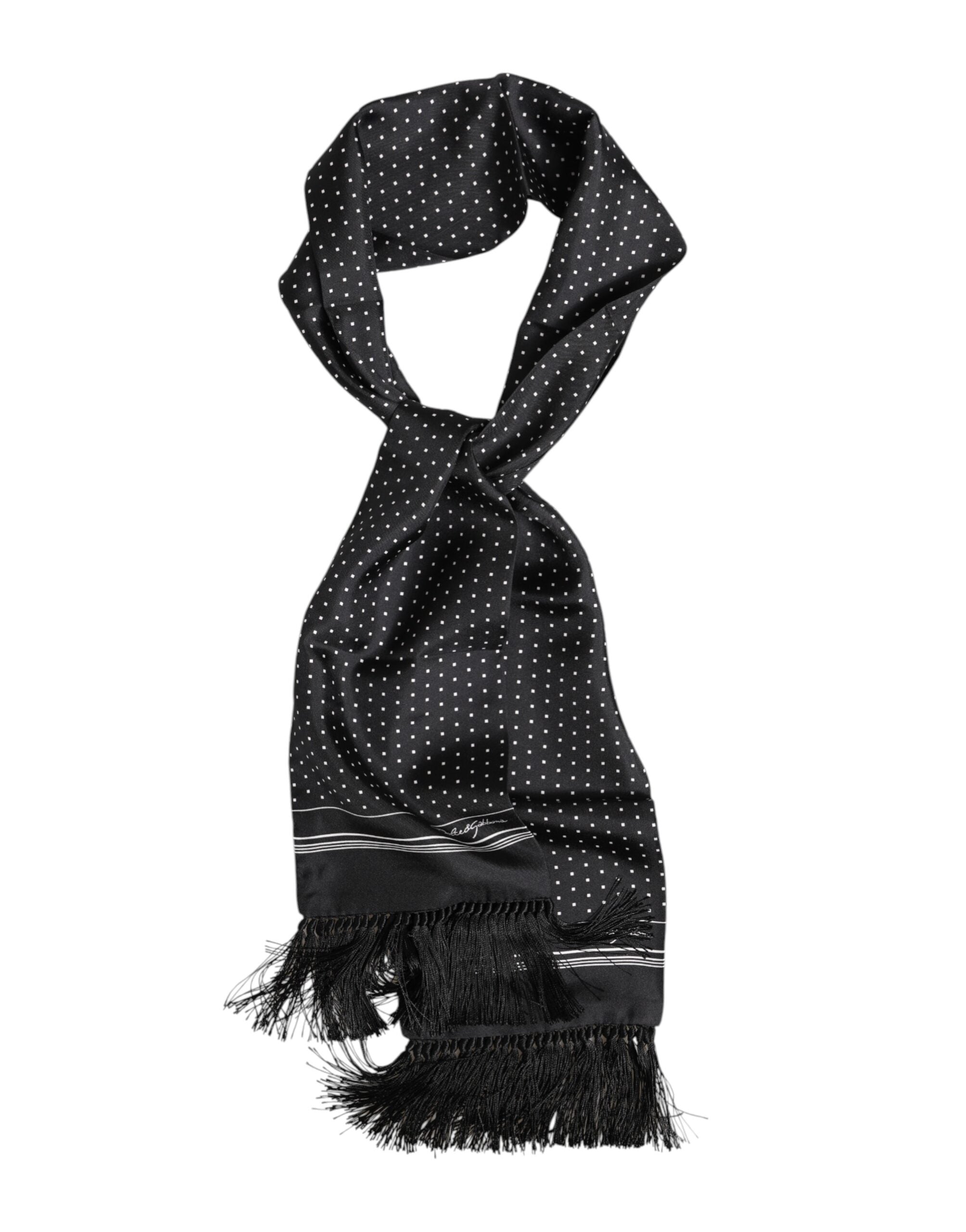 Dolce & Gabbana Black White Polka Dot Fringes Foulard Men's Scarf
