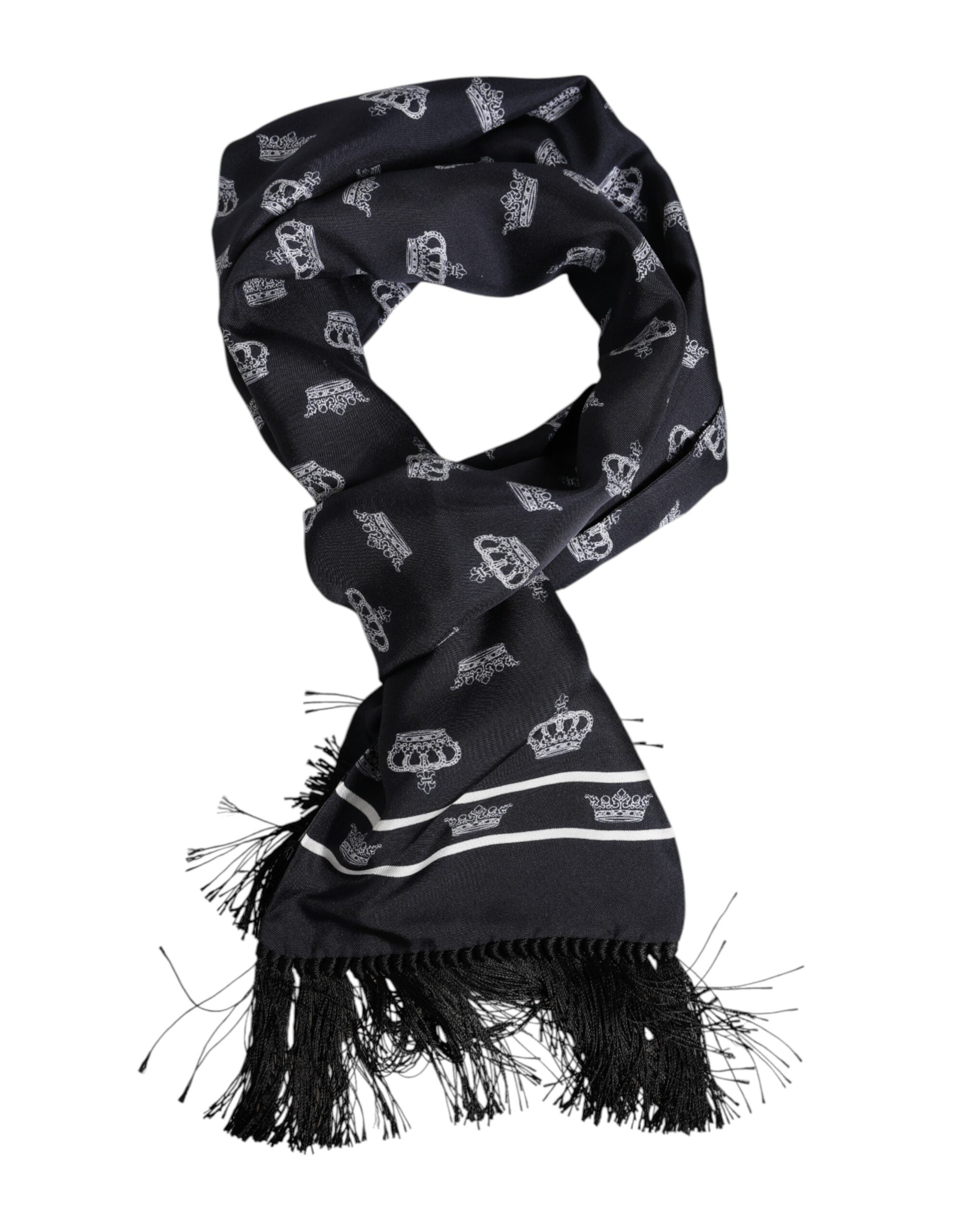 Dolce & Gabbana Black Silk Crown Fringes Men Foulard Men's Scarf