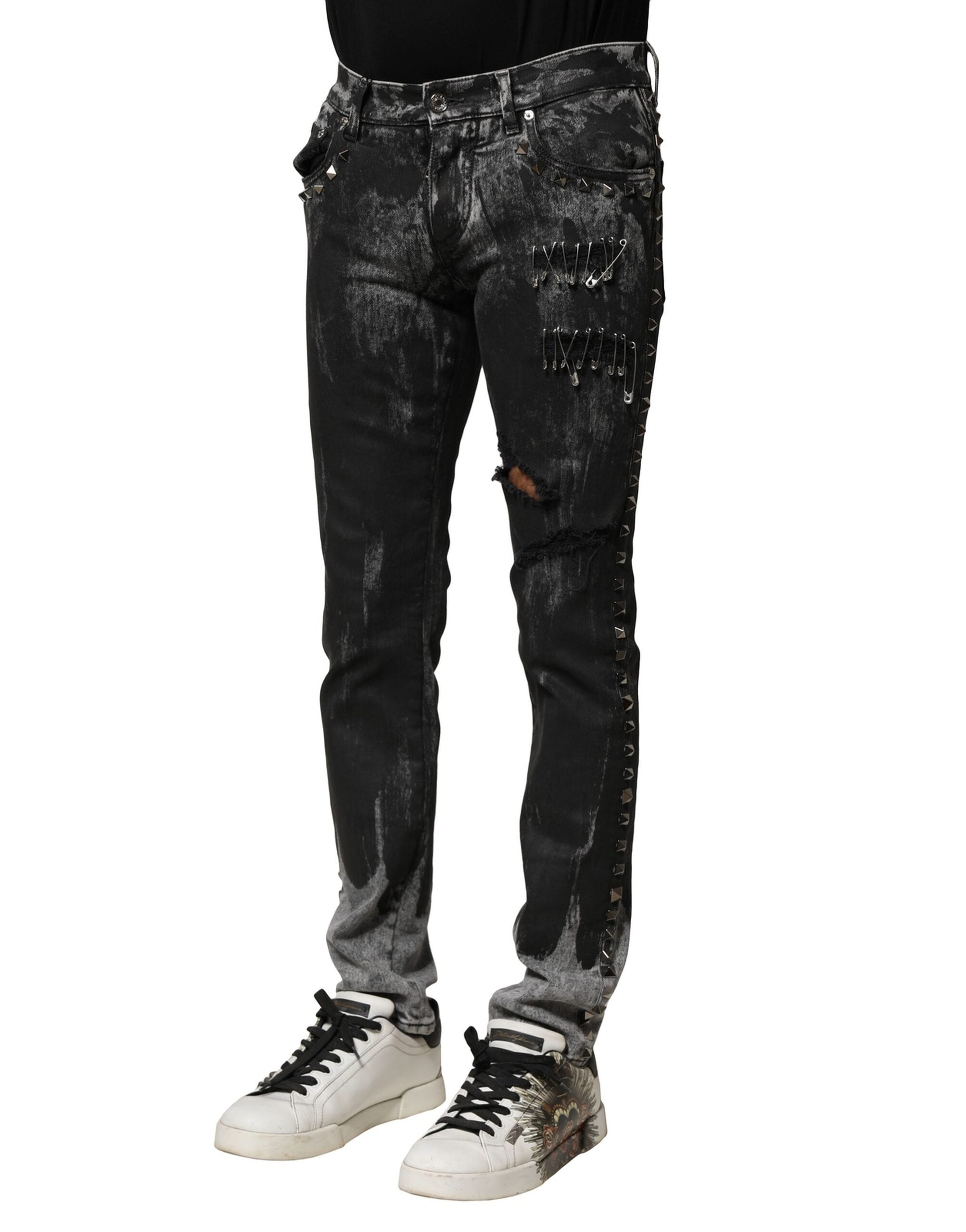 Dolce & Gabbana Black Washed Embellished Skinny Denim Men's Jeans