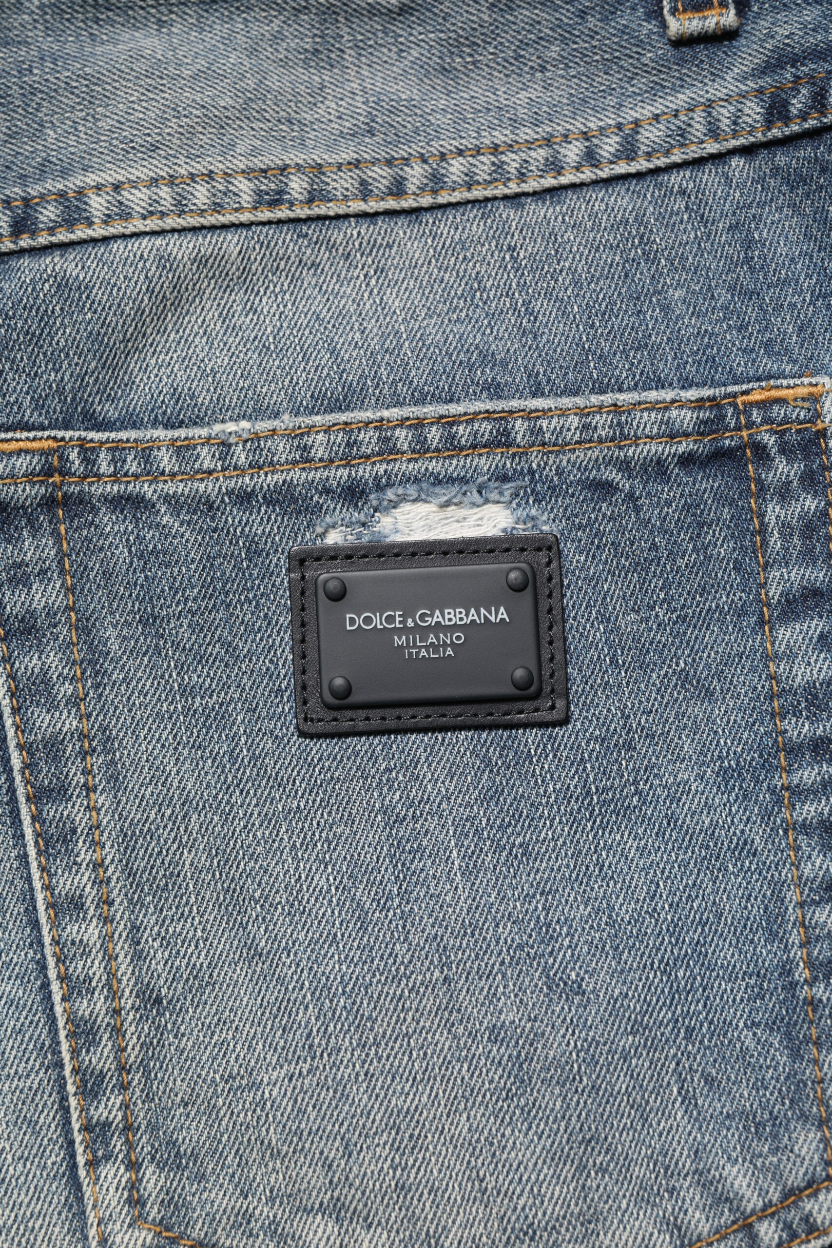 Dolce & Gabbana Blue Washed Tattered Straight Fit Denim Men's Jeans