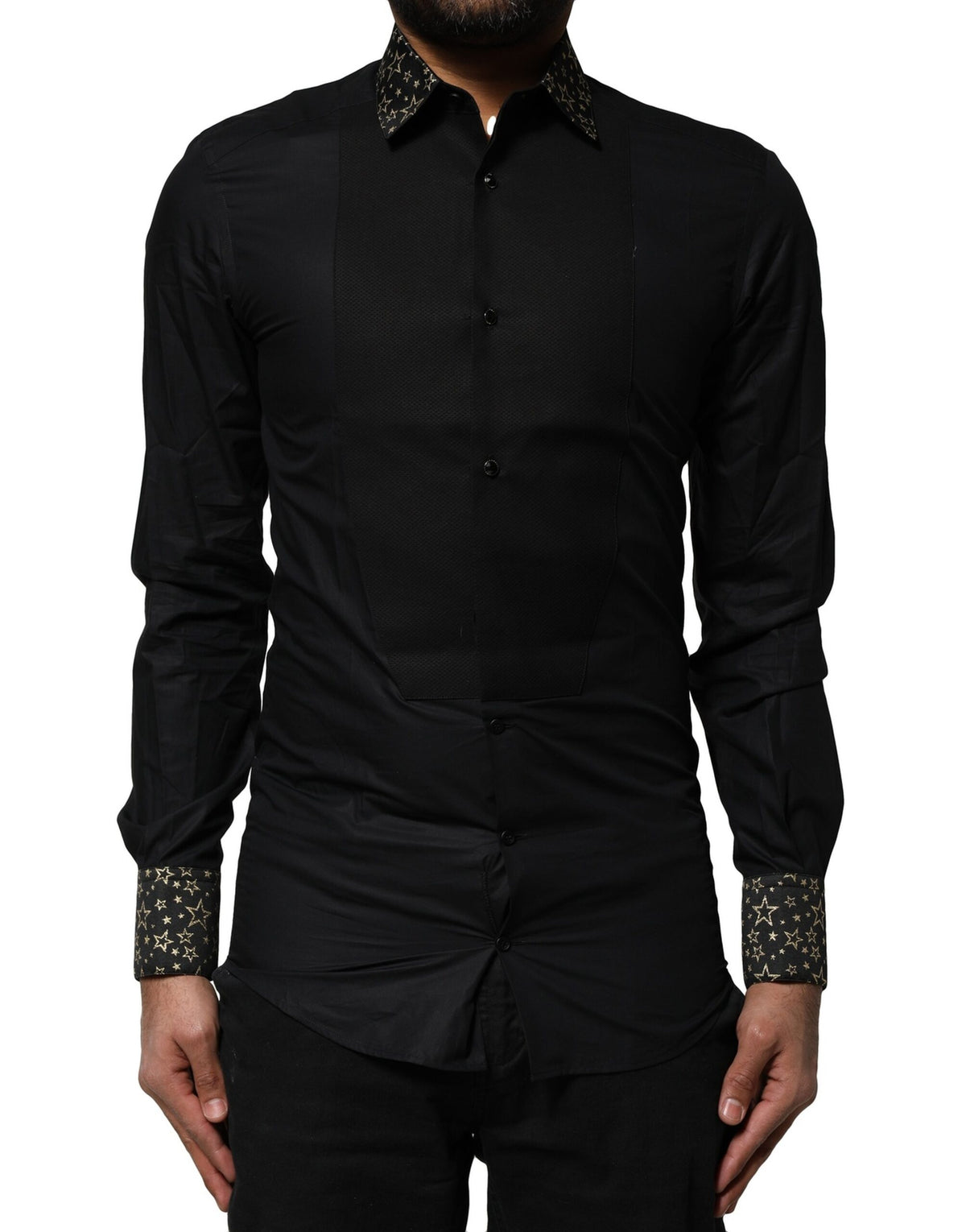 Dolce & Gabbana Black Cotton GOLD Long Sleeves Dress Men's Shirt (Pre-Owned)