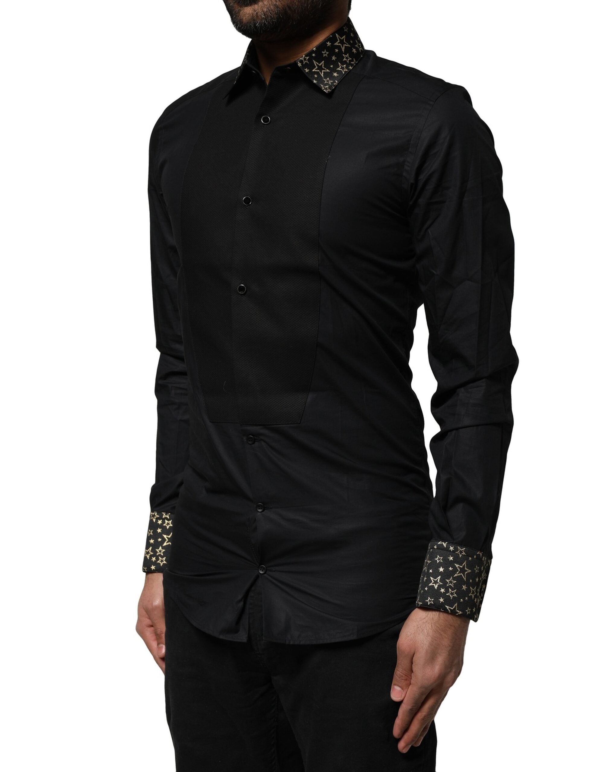 Dolce & Gabbana Black Cotton GOLD Long Sleeves Dress Men's Shirt (Pre-Owned)