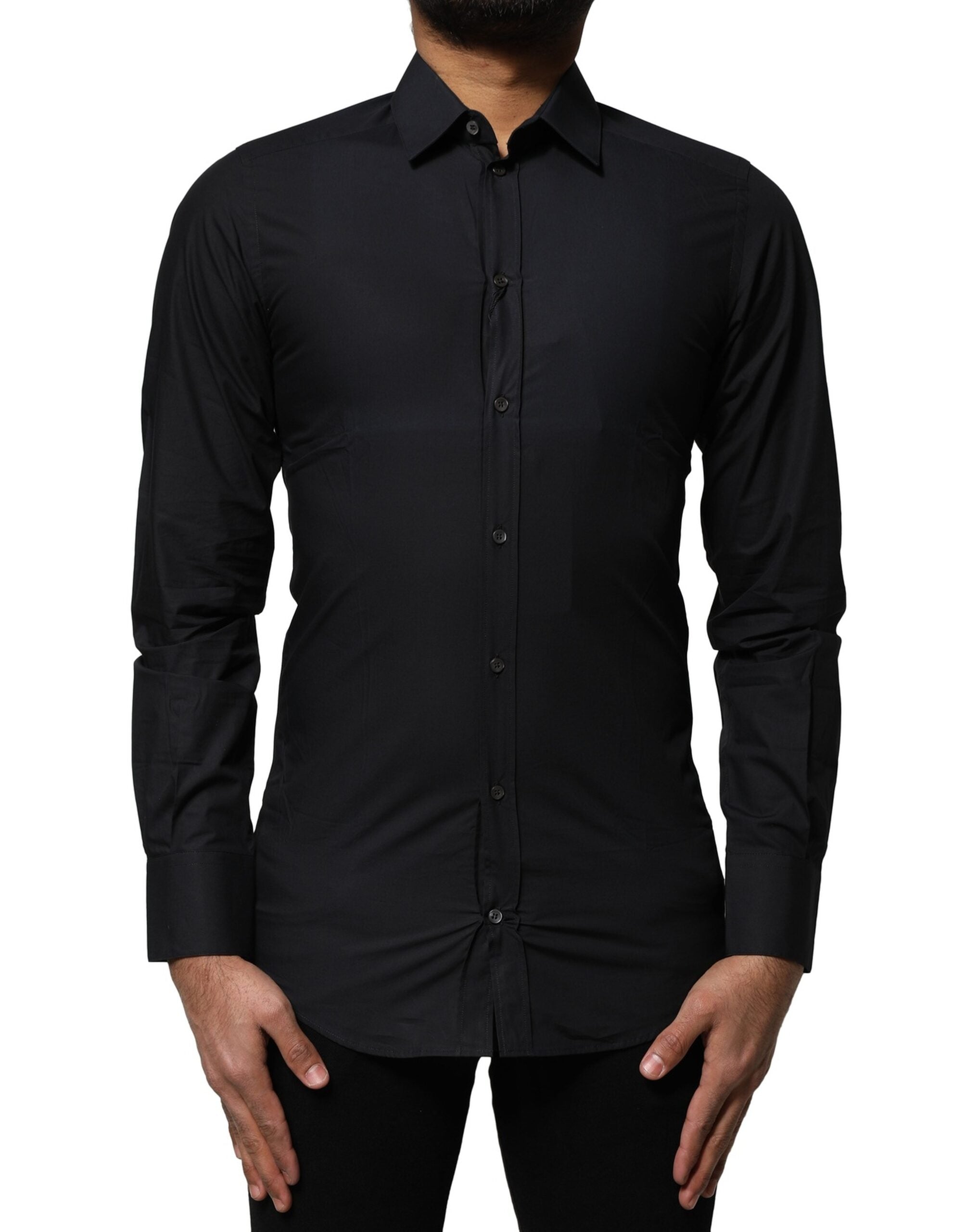Dolce & Gabbana Black Cotton GOLD Long Sleeves Dress Men's Shirt (Pre-Owned)