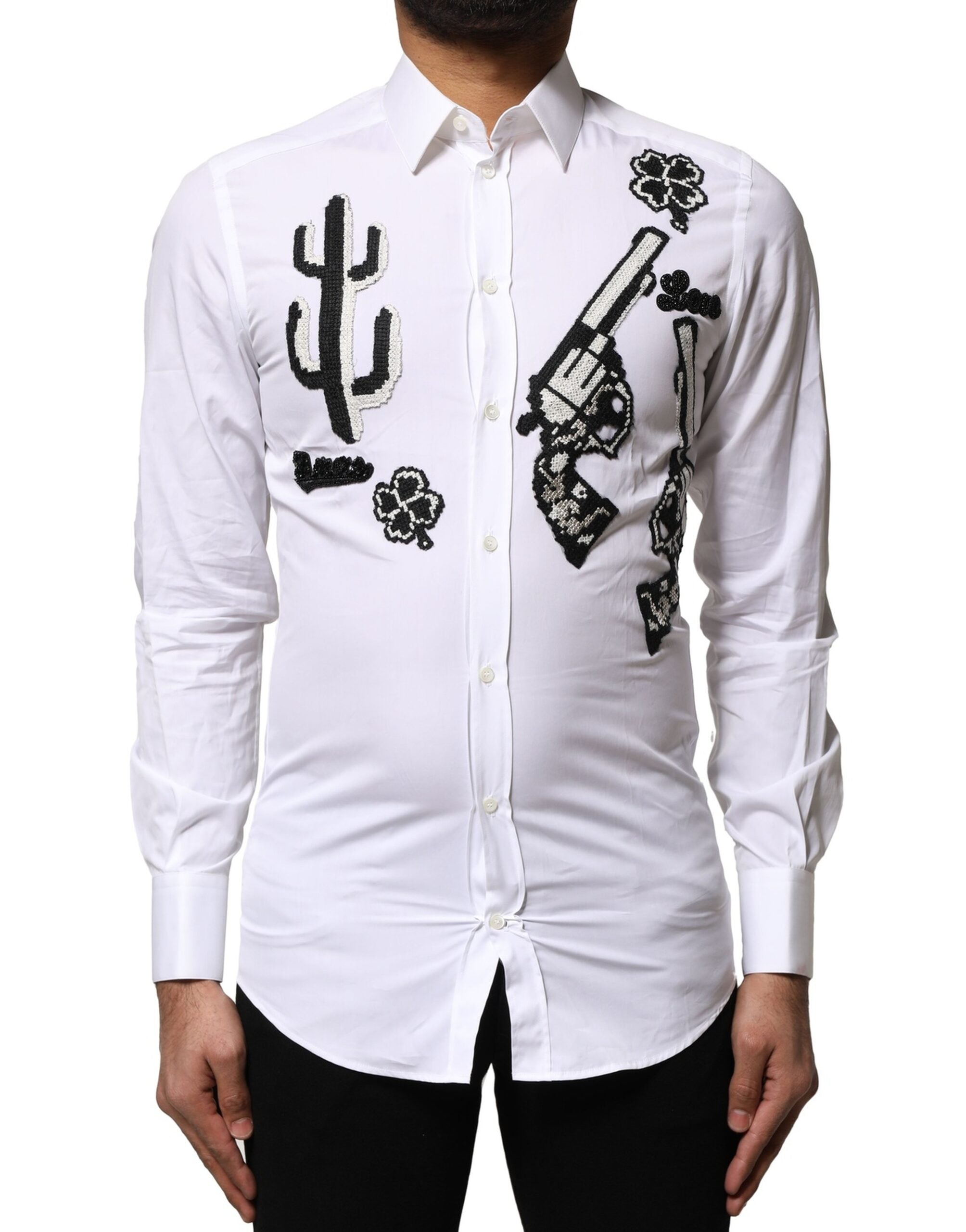 Dolce & Gabbana White GOLD Embroidery Detailed Dress Men's Shirt (Pre-Owned)