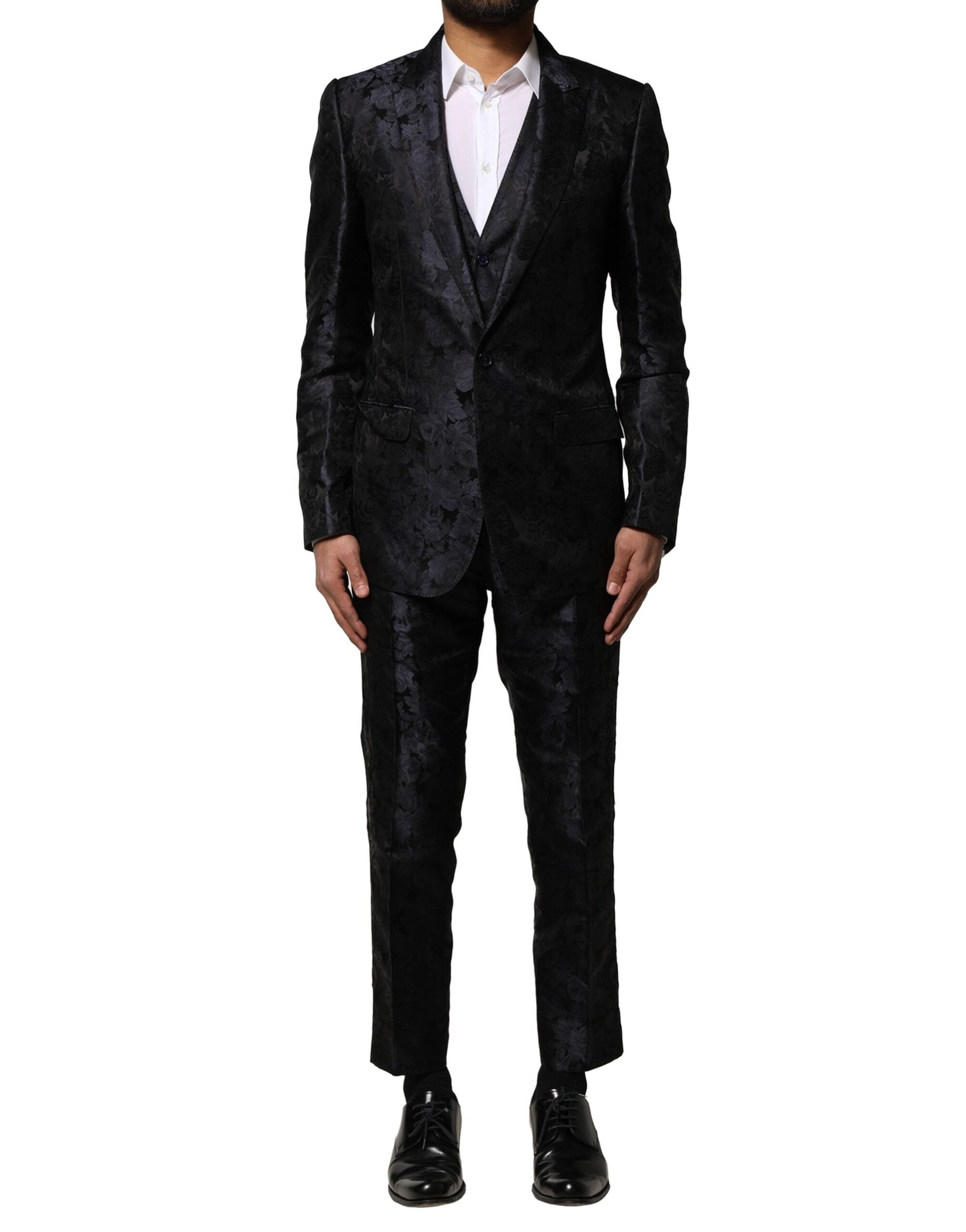 Dolce & Gabbana Dark Gray Black Jacquard 3 Piece Single Breasted Men's Suit