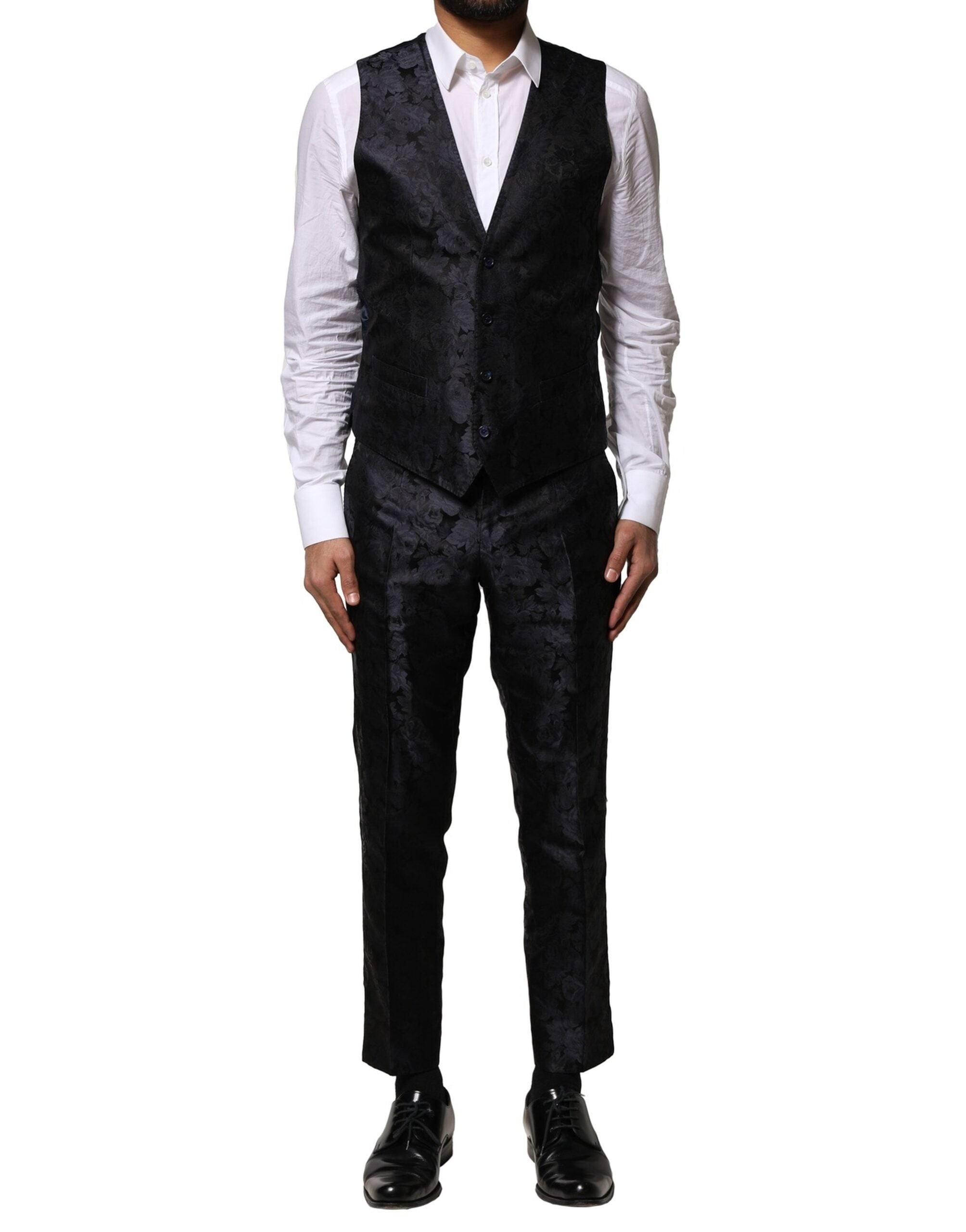 Dolce & Gabbana Dark Gray Black Jacquard 3 Piece Single Breasted Men's Suit