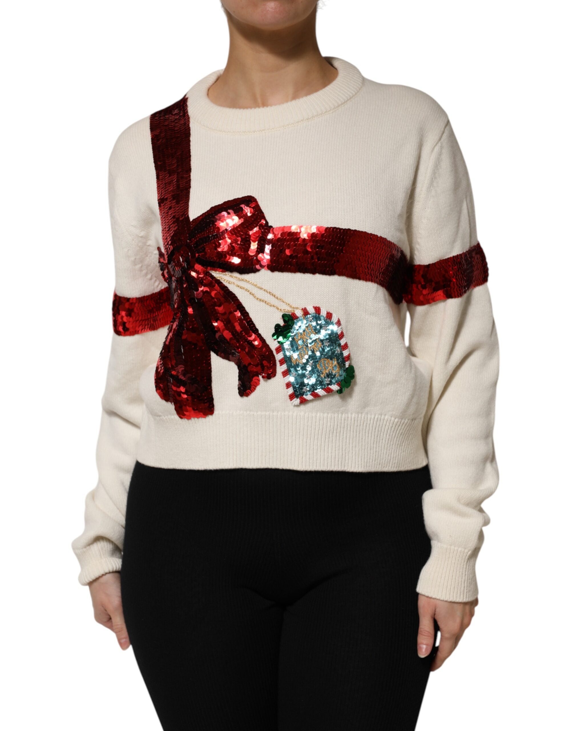 Dolce & Gabbana White Sequined Crew Neck Pullover Women's Sweater