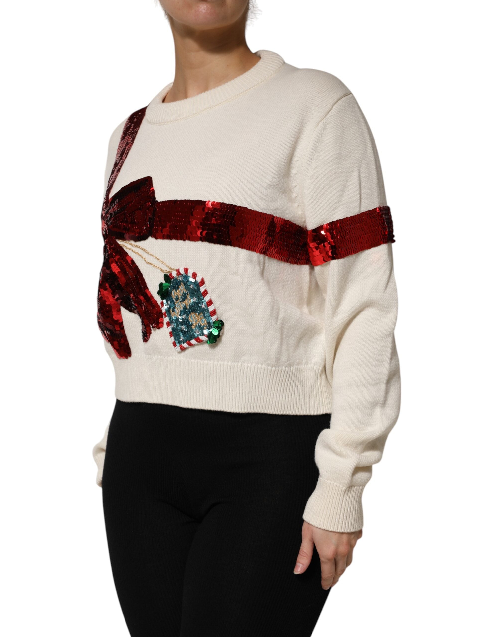 Dolce & Gabbana White Sequined Crew Neck Pullover Women's Sweater