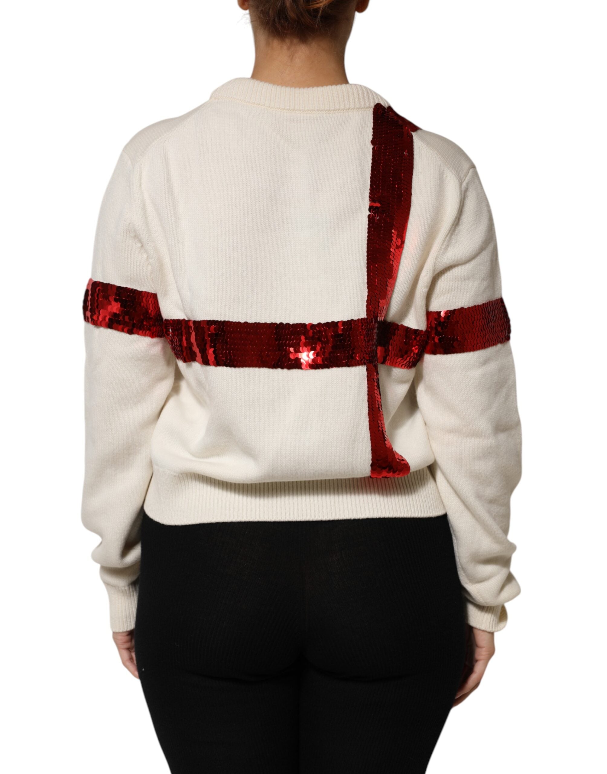 Dolce & Gabbana White Sequined Crew Neck Pullover Women's Sweater