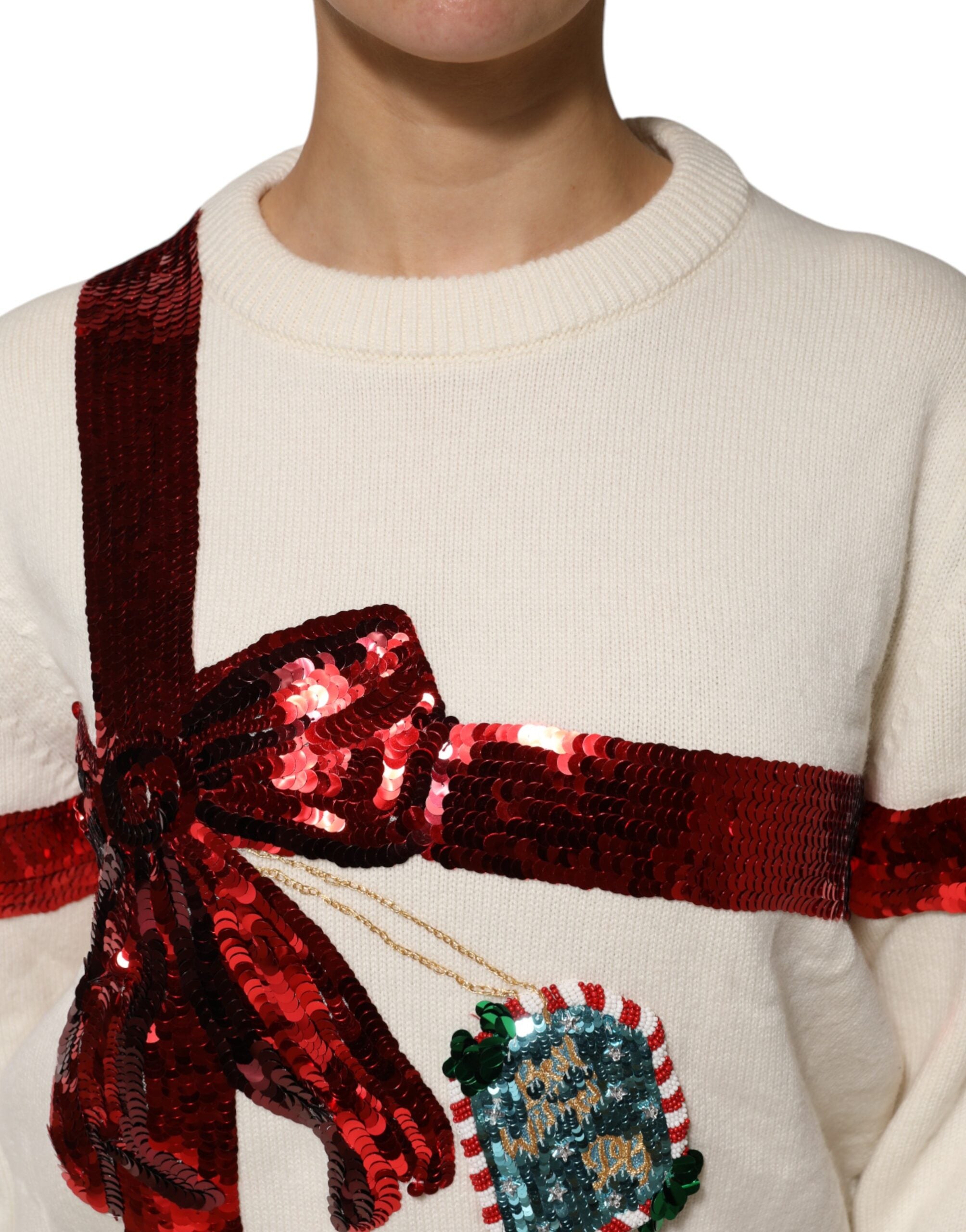 Dolce & Gabbana White Sequined Crew Neck Pullover Women's Sweater