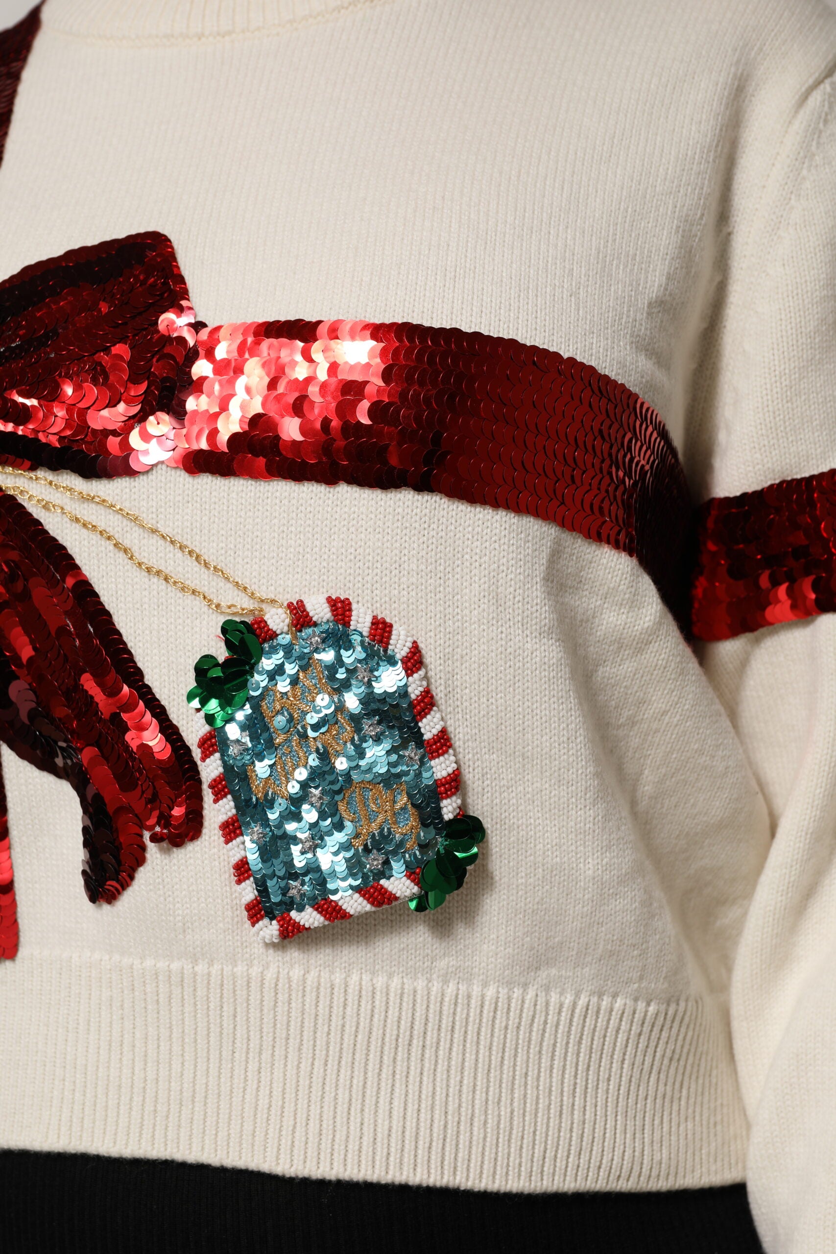 Dolce & Gabbana White Sequined Crew Neck Pullover Women's Sweater