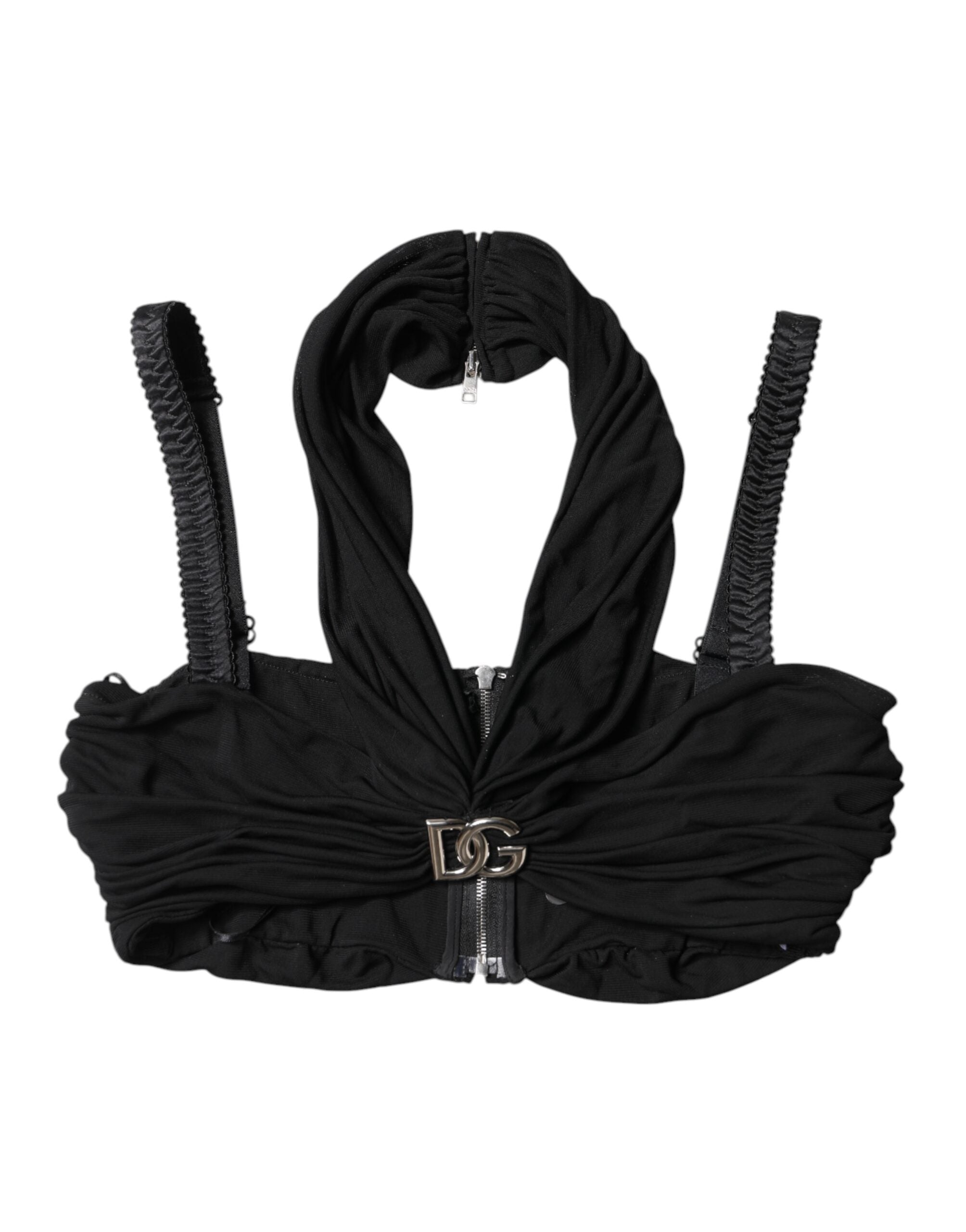 Dolce & Gabbana Black Cropped Viscose Halter Bustier Women's Top