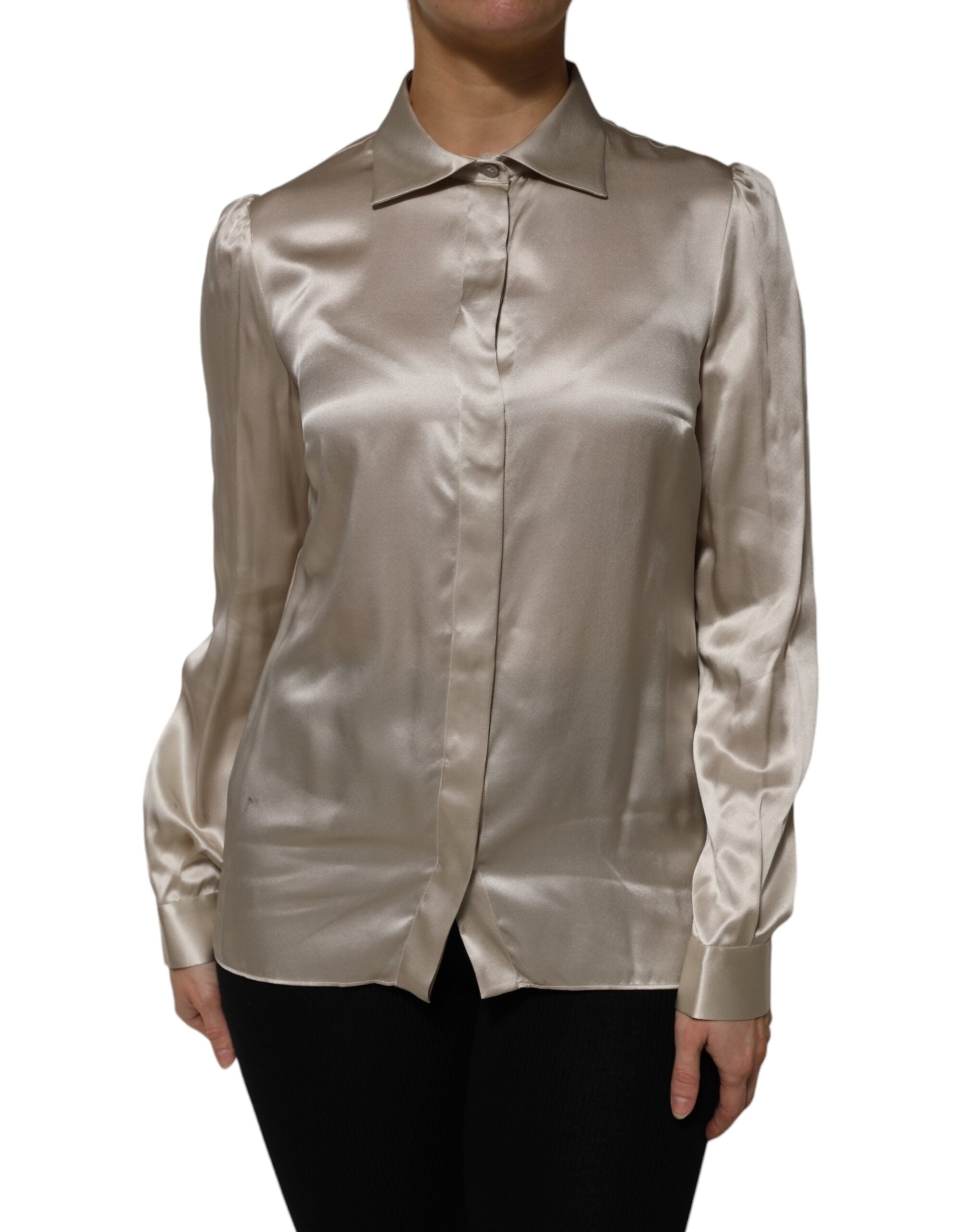Dolce & Gabbana Beige Satin Silk Collared Long Sleeves Women's Top (Pre-Owned)