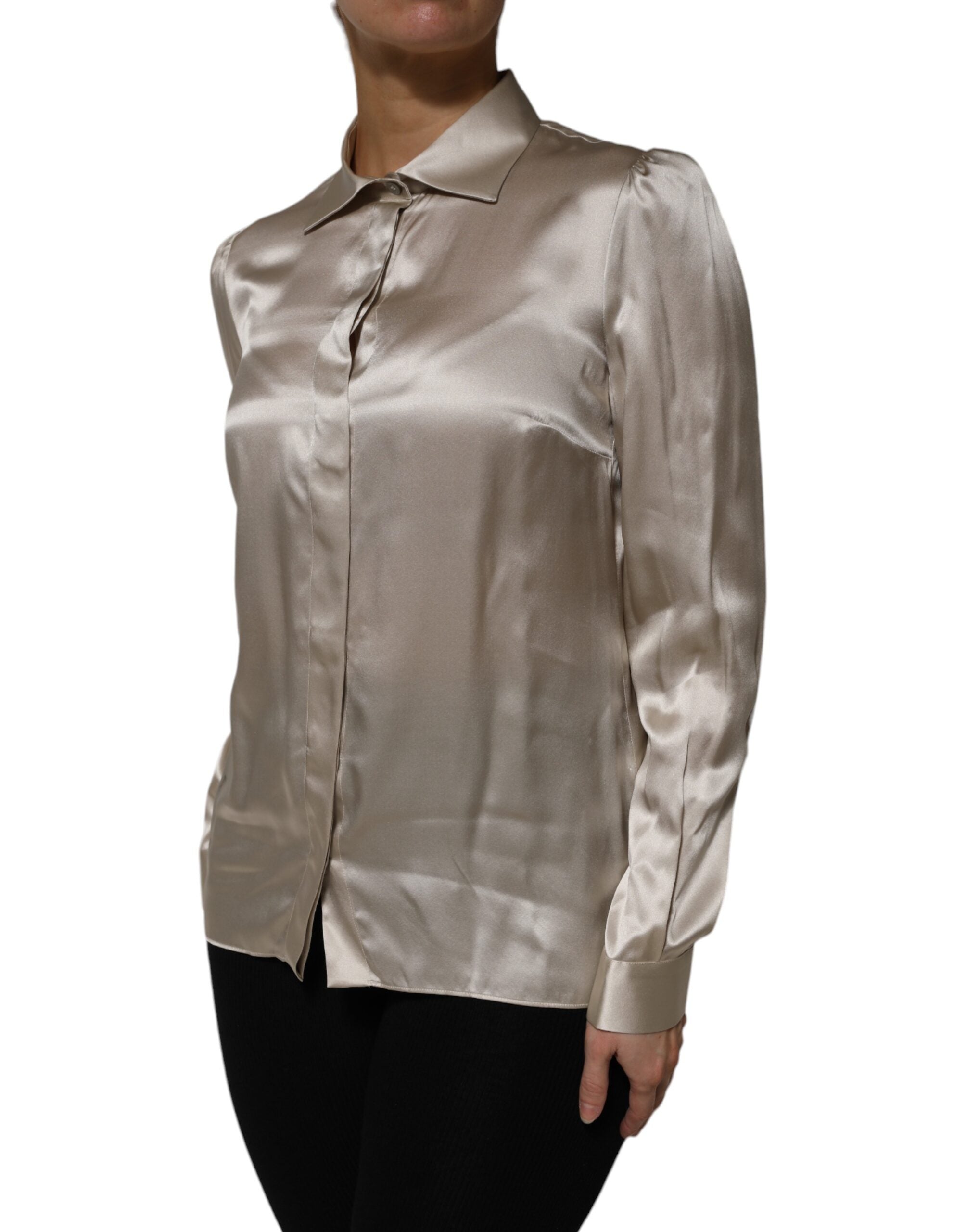 Dolce & Gabbana Beige Satin Silk Collared Long Sleeves Women's Top (Pre-Owned)
