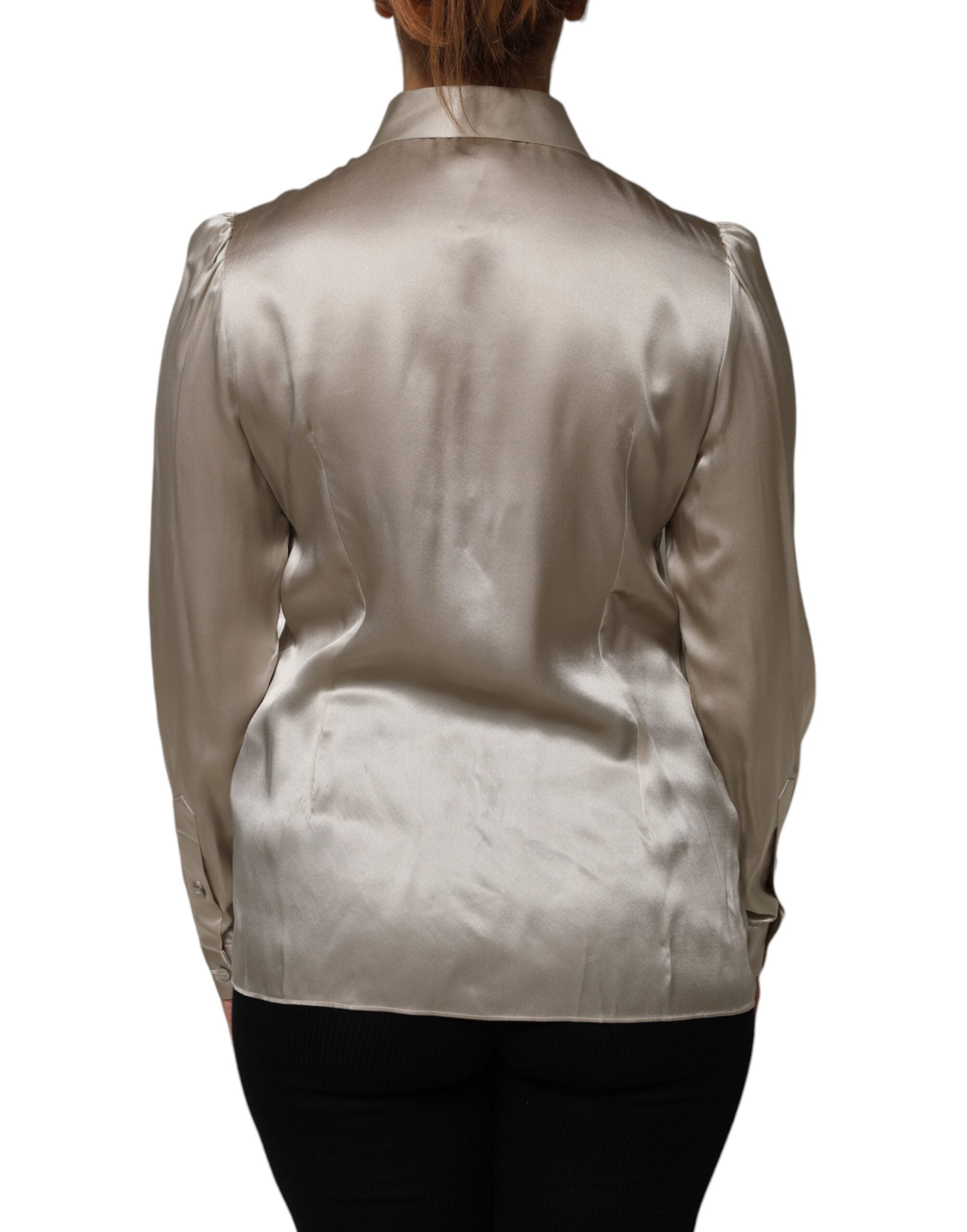 Dolce & Gabbana Beige Satin Silk Collared Long Sleeves Women's Top (Pre-Owned)