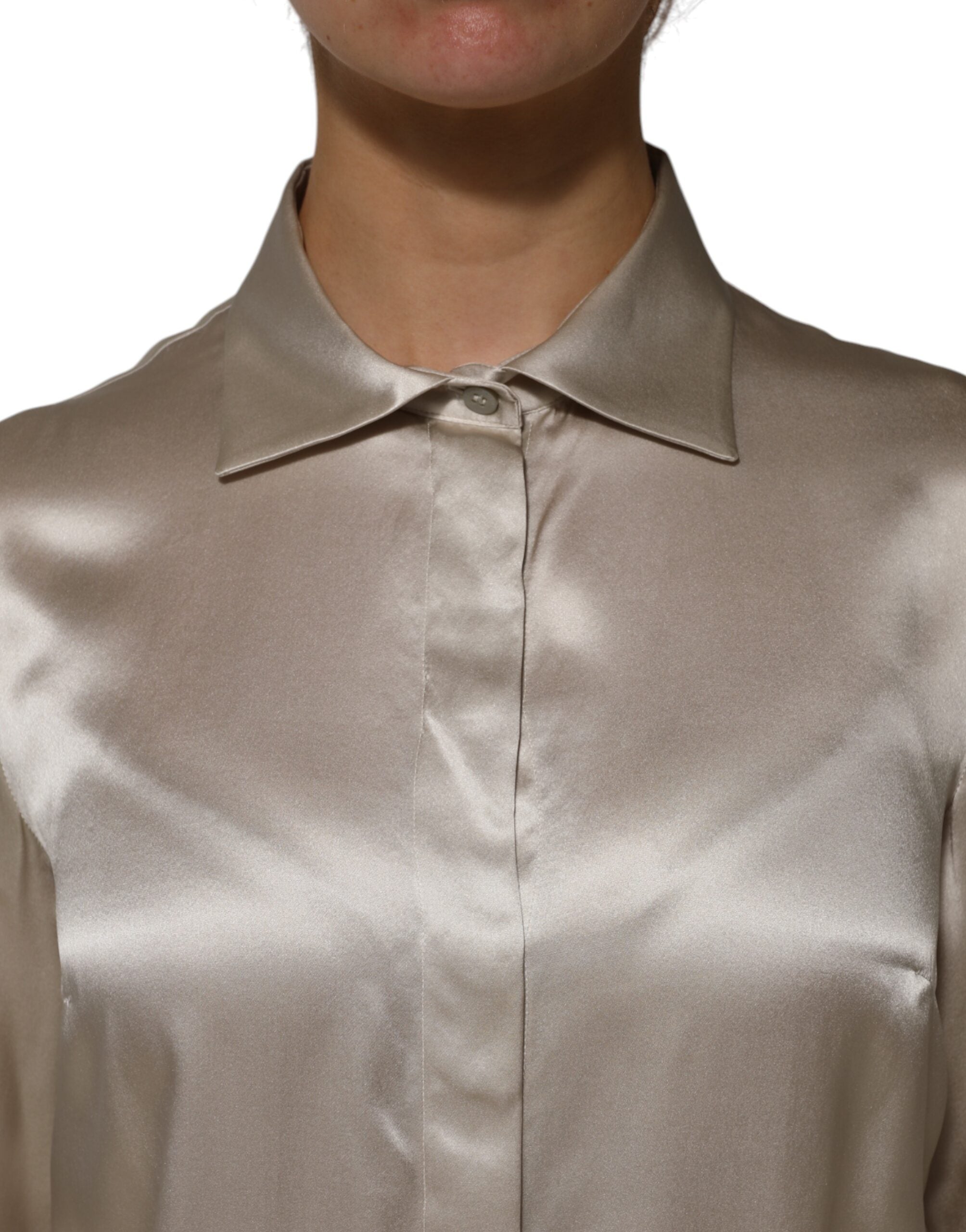 Dolce & Gabbana Beige Satin Silk Collared Long Sleeves Women's Top (Pre-Owned)