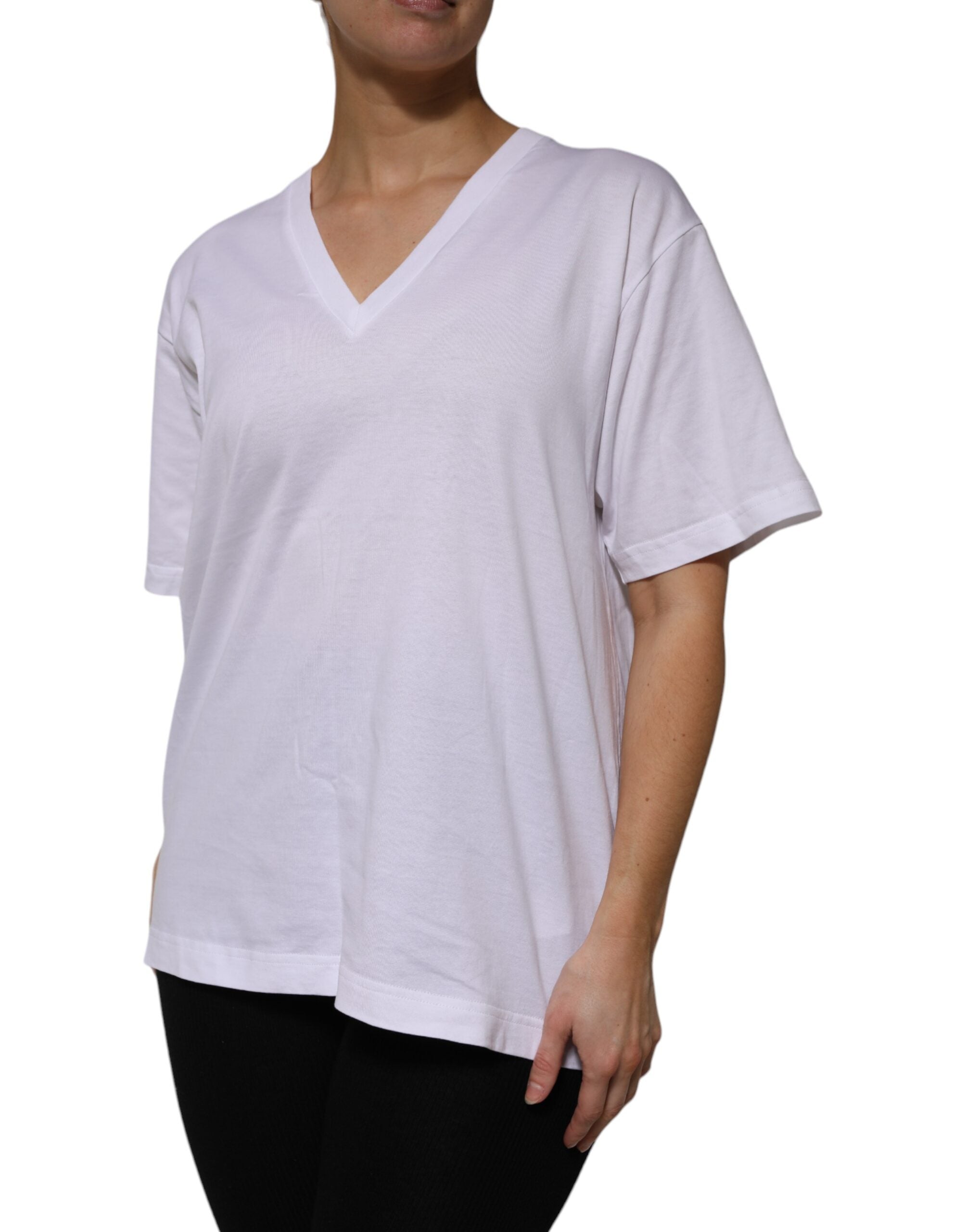 Dolce & Gabbana White Cotton Short Sleeves V-neck Women's T-shirt