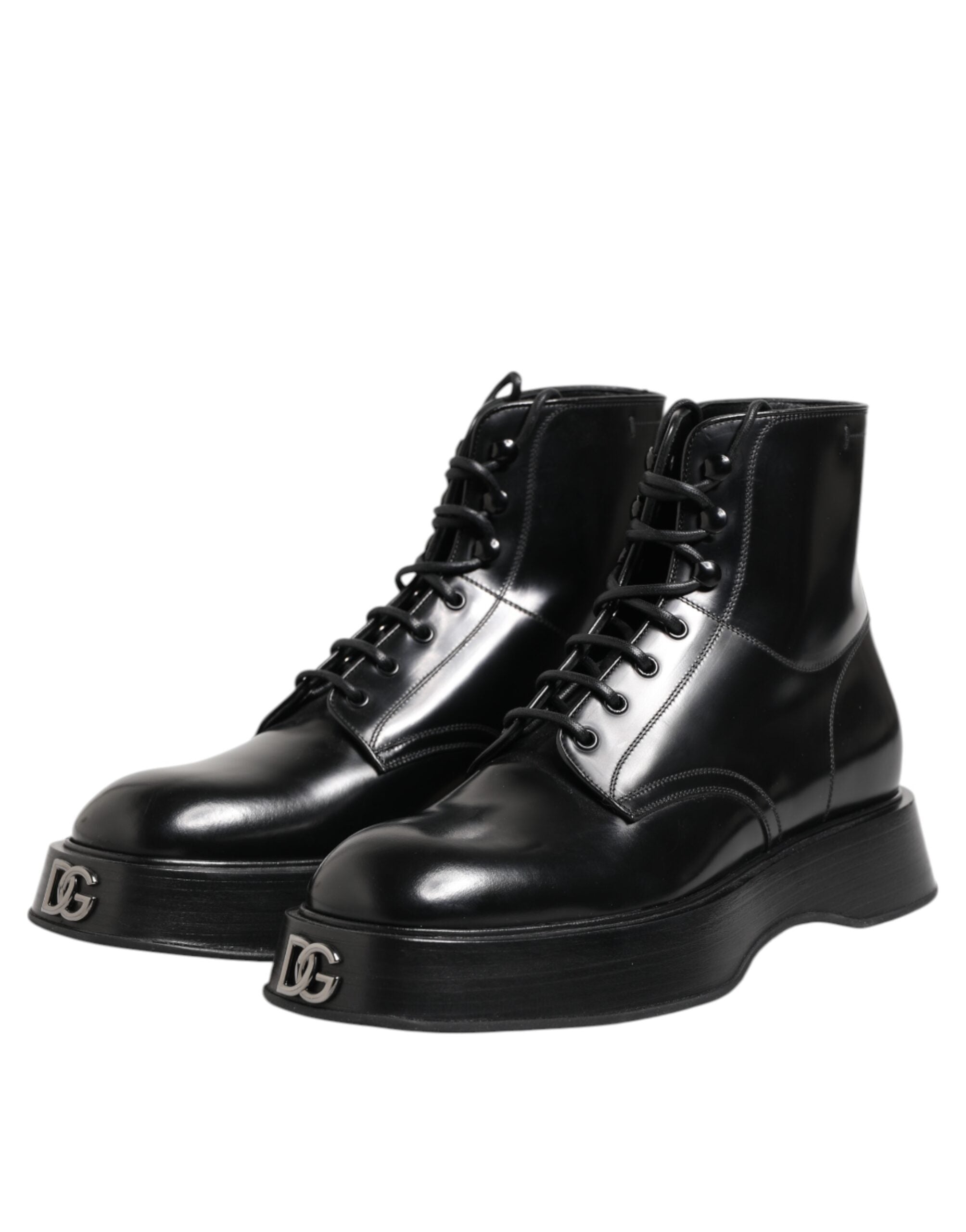 Dolce & Gabbana Black Leather Logo Ankle Boots Lace Up Men's Shoes