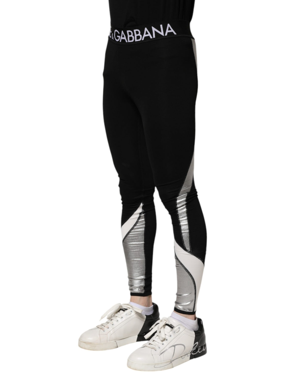 Dolce & Gabbana Black Silver Nylon Skinny Men Leggings Men's Pants