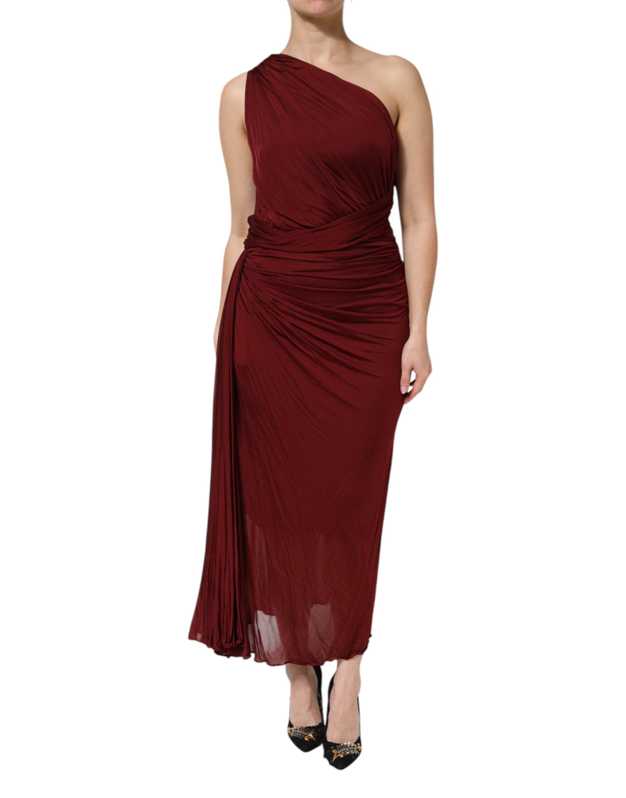 Dolce & Gabbana Red Viscose Fitted One Shoulder Midi Women's Dress (Pre-Owned)