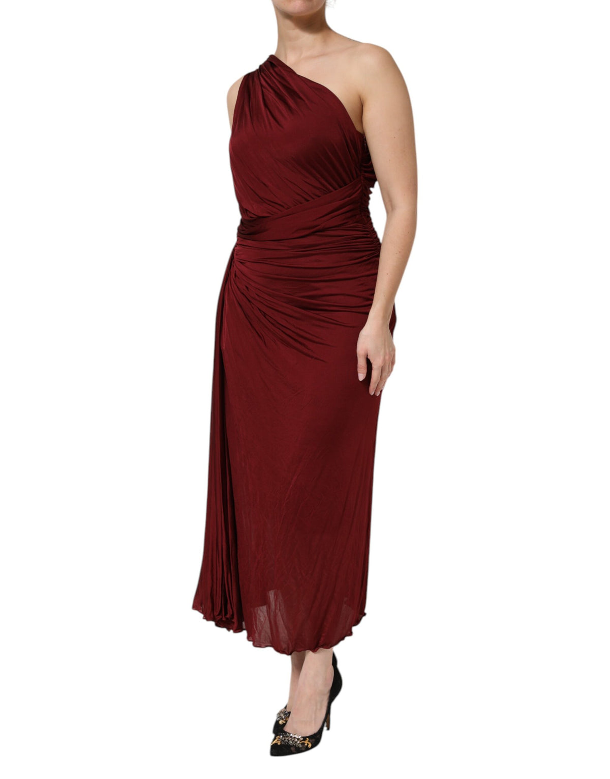 Dolce & Gabbana Red Viscose Fitted One Shoulder Midi Women's Dress (Pre-Owned)