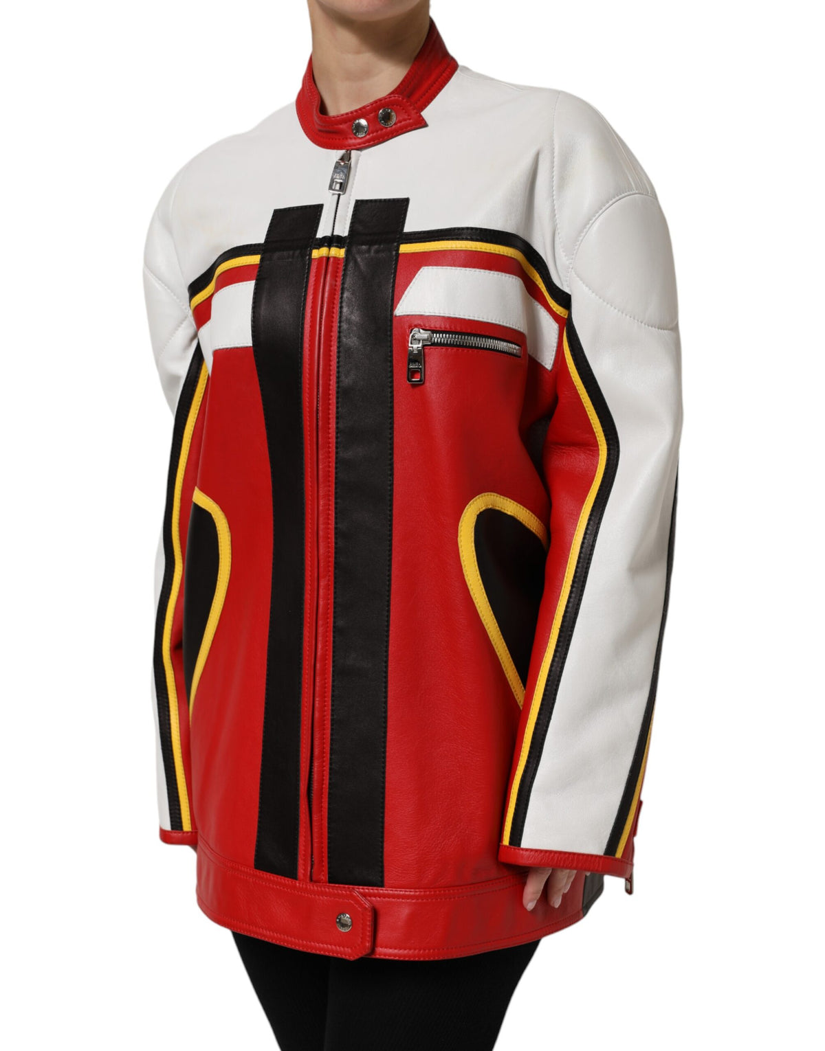 Dolce & Gabbana Multicolor Leather Biker Full Zip Coat Women's Jacket