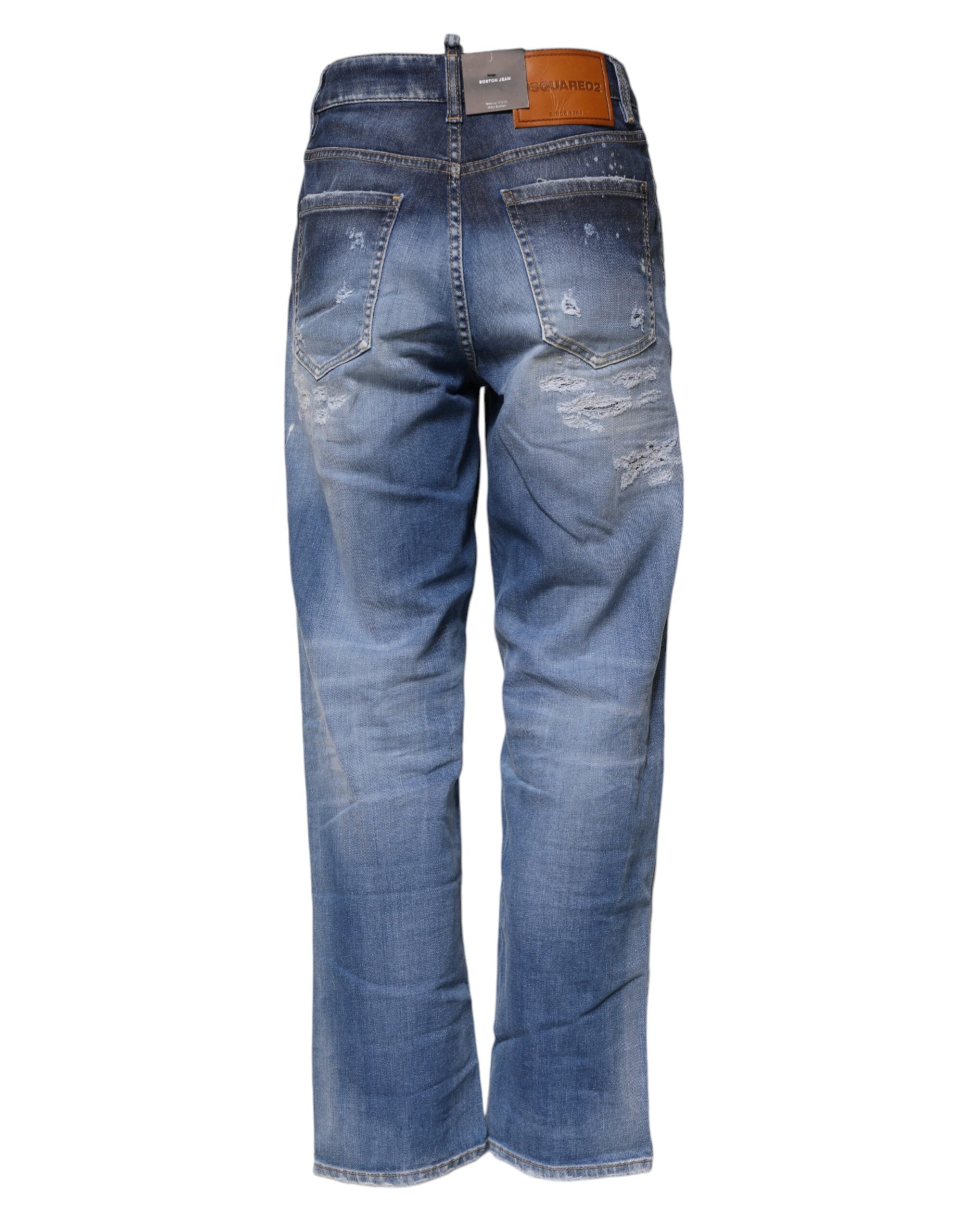 Dsquared² Blue Tattered Cotton Mid Waist Straight Denim Women's Jeans