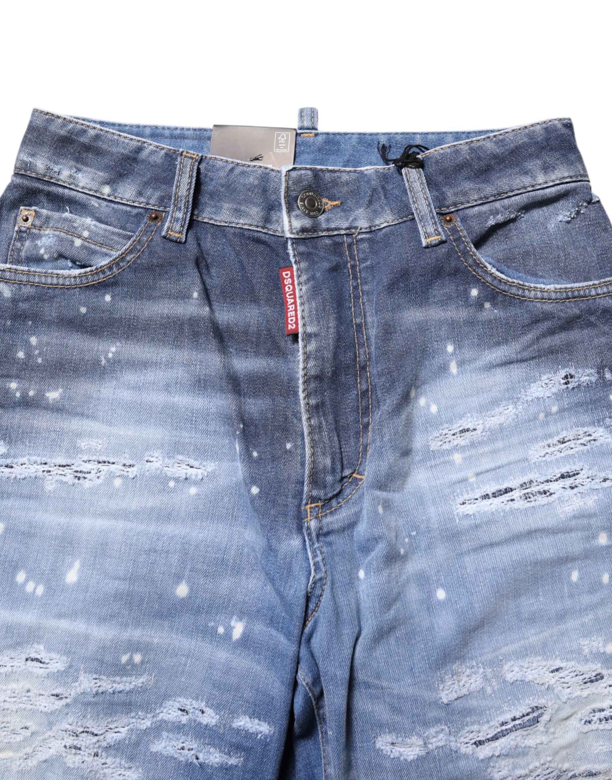 Dsquared² Blue Tattered Cotton Mid Waist Straight Denim Women's Jeans